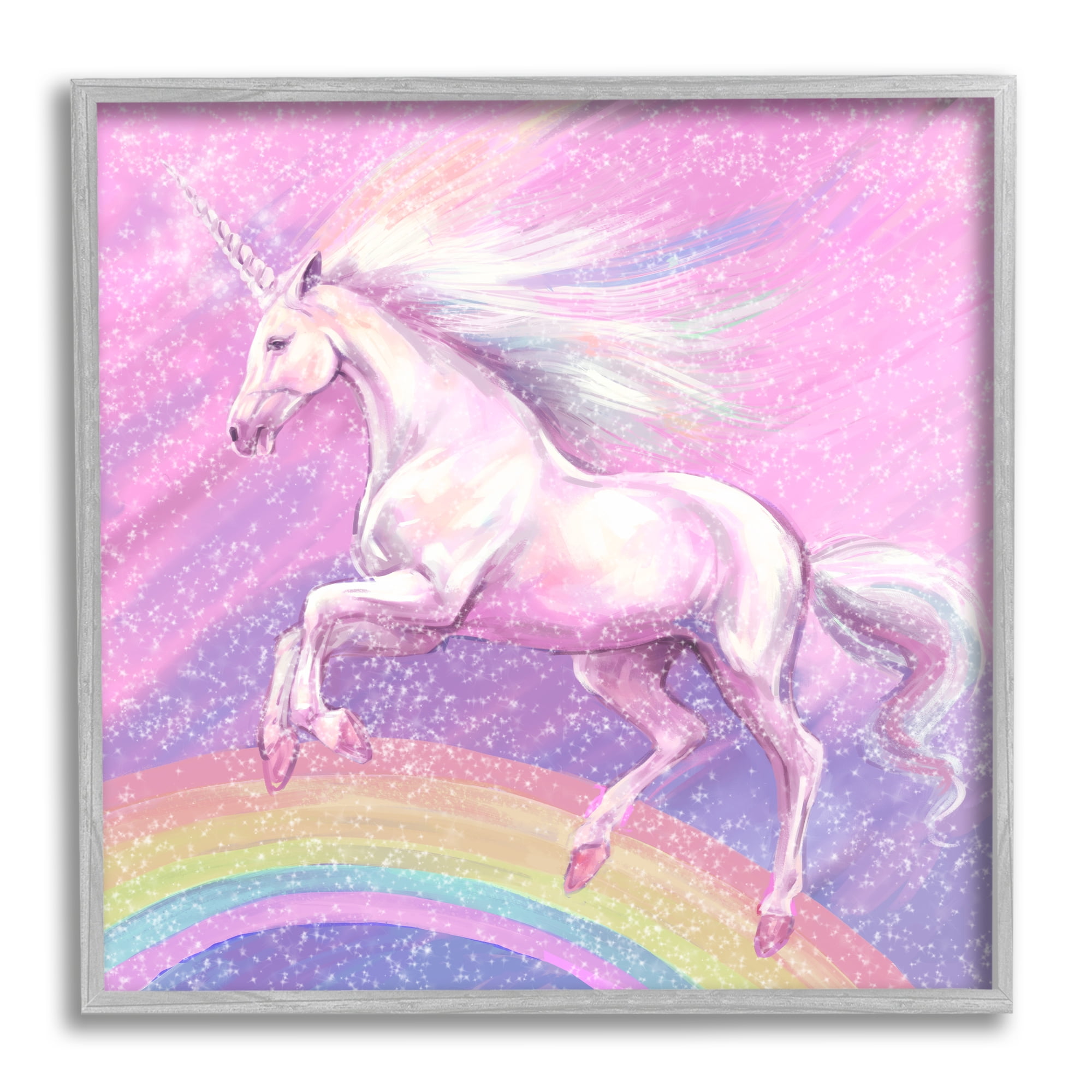 Stupell Industries Unicorn Over Rainbow Fairy Tales & Fantasy Painting Gray Framed Art Print Wall Art, 12 x 12