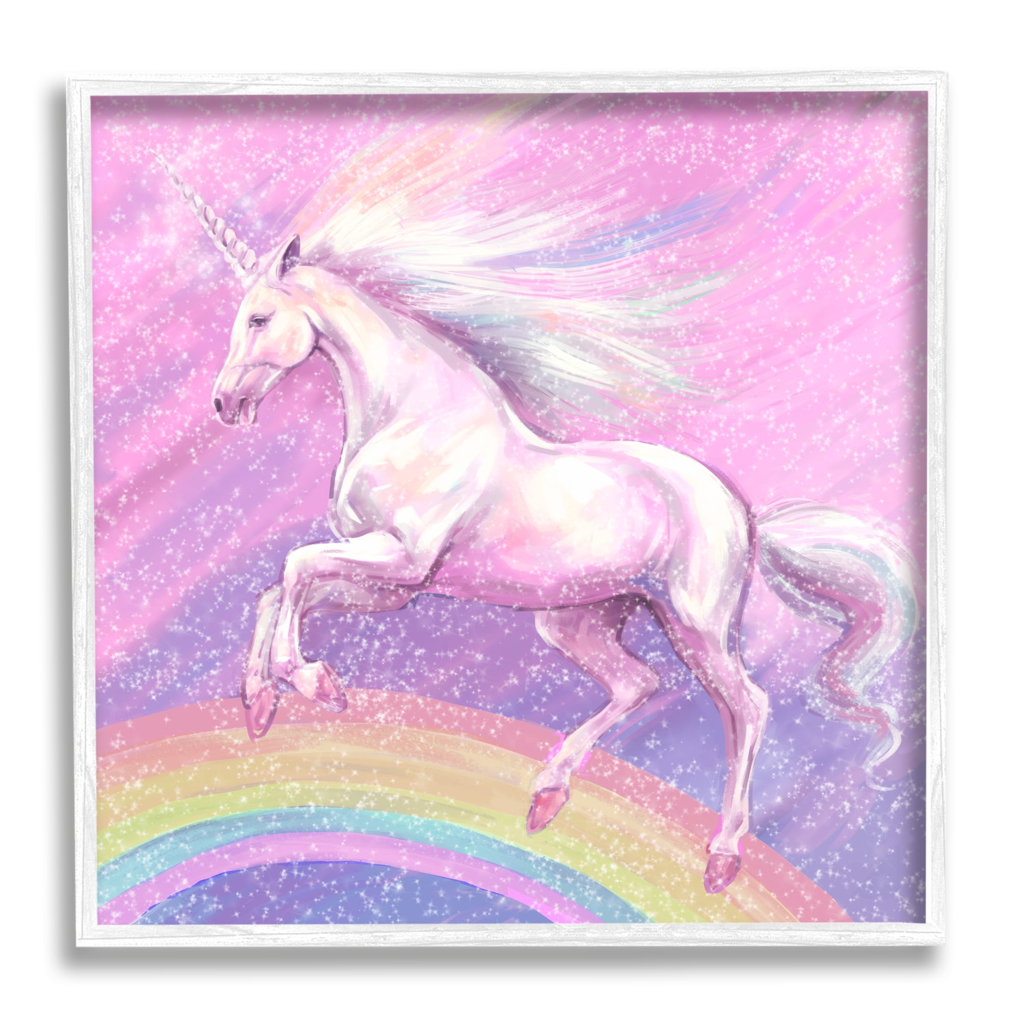 Stupell Industries Unicorn Over Rainbow Fairy Tales & Fantasy Painting White Framed Art Print Wall Art, 24 x 24