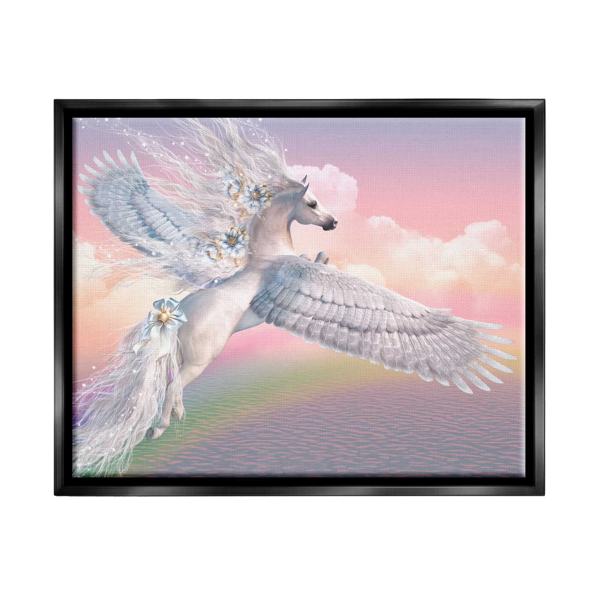 Stupell Industries Unicorn Over the Rainbow Fairy Tales & Fantasy Painting Black Floater Framed Canvas Art Print Wall Art, 21 x 17