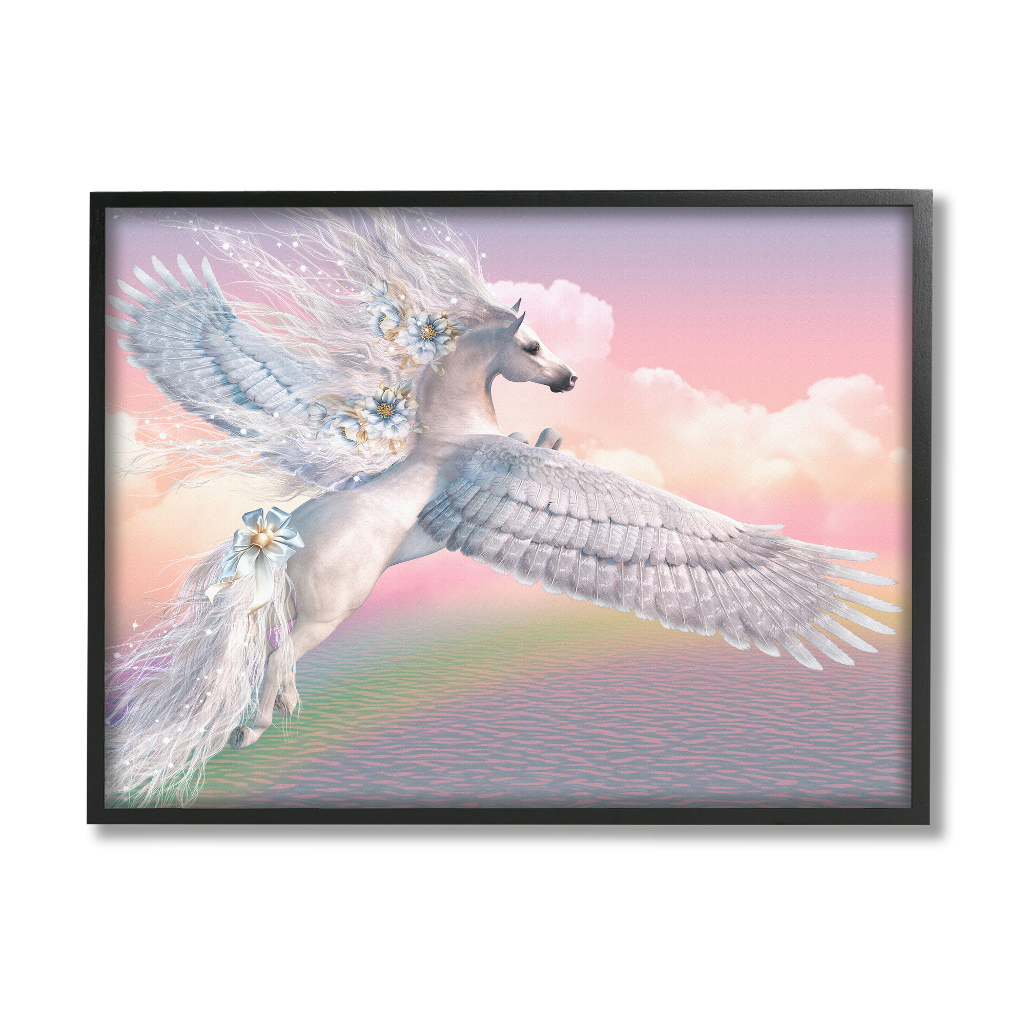 Stupell Industries Unicorn Over the Rainbow Fairy Tales & Fantasy Painting Black Framed Art Print Wall Art, 14 x 11