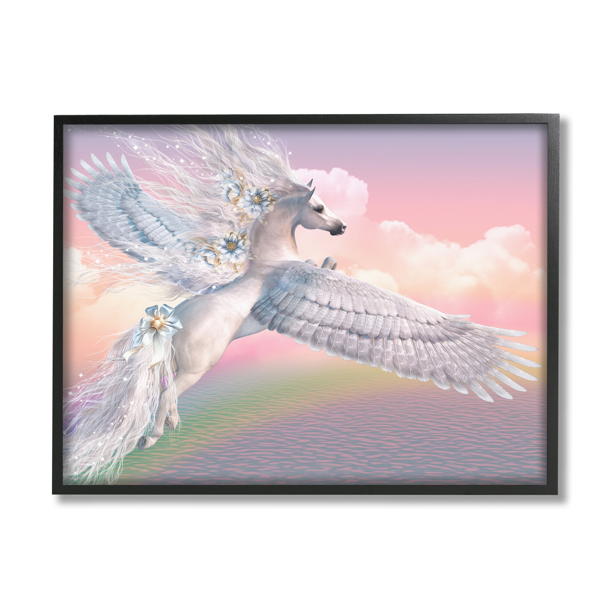 Stupell Industries Unicorn Over the Rainbow Fairy Tales & Fantasy Painting Black Framed Art Print Wall Art, 20 x 16