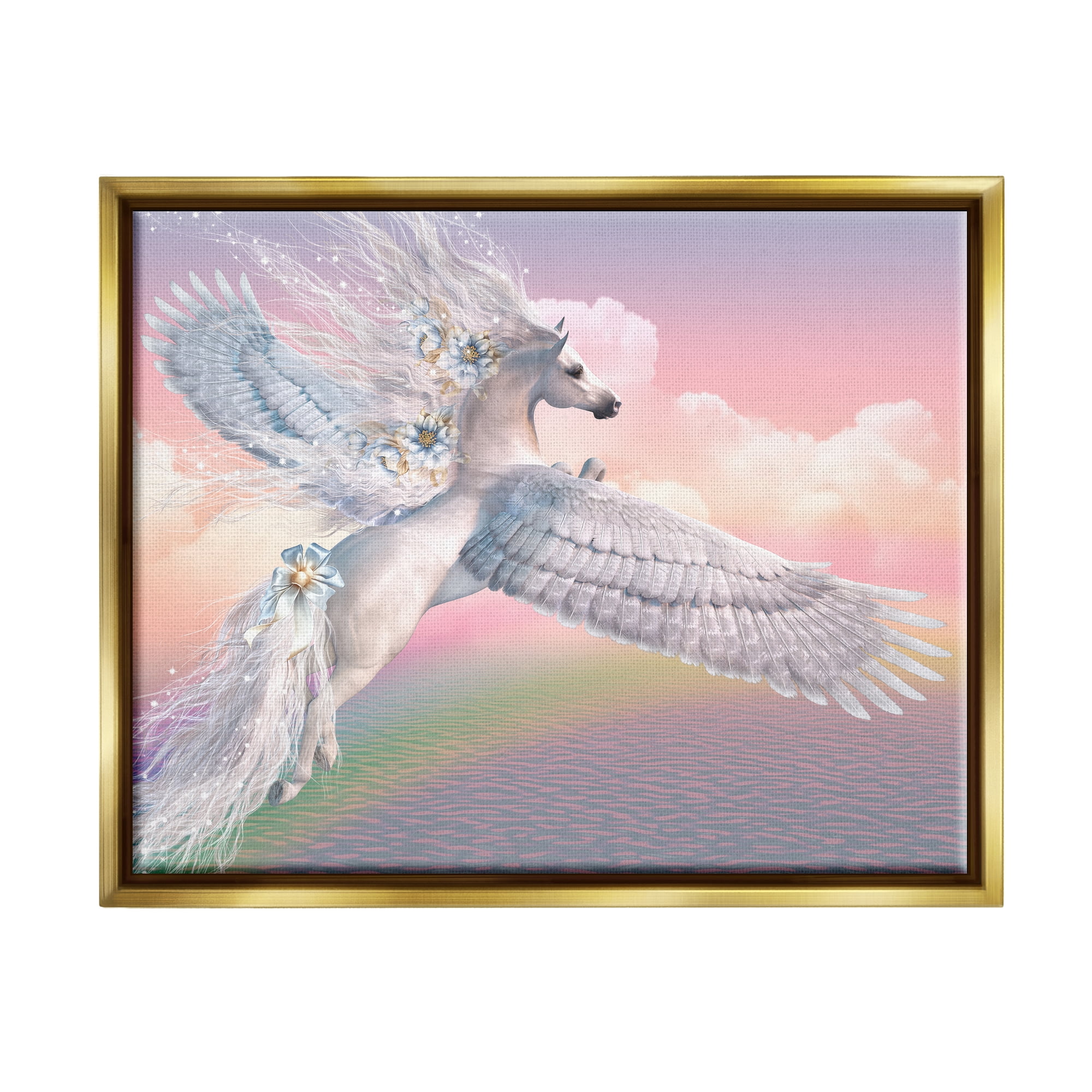 Stupell Industries Unicorn Over the Rainbow Fairy Tales & Fantasy Painting Gold Floater Framed Canvas Art Print Wall Art, 31 x 25