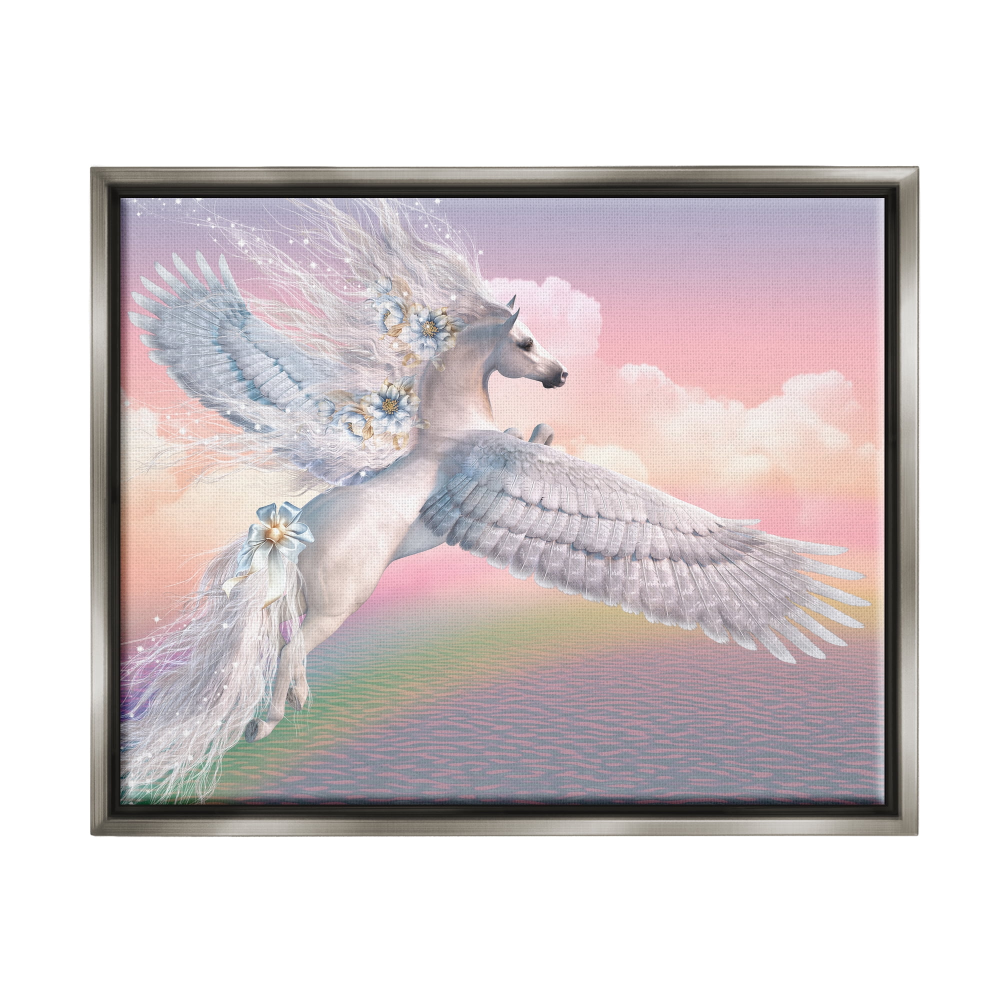 Stupell Industries Unicorn Over the Rainbow Fairy Tales & Fantasy Painting Gray Floater Framed Canvas Art Print Wall Art, 21 x 17
