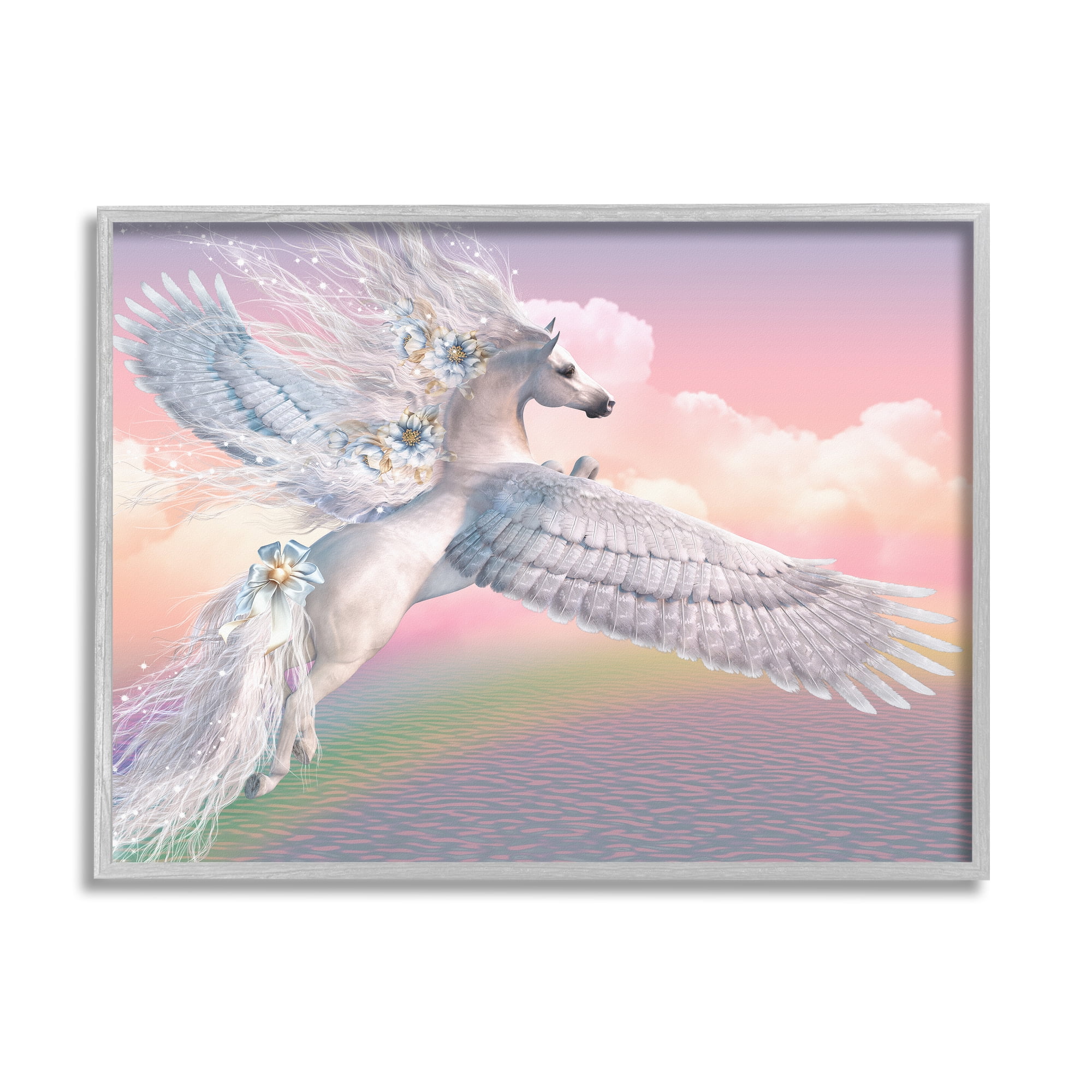 Stupell Industries Unicorn Over the Rainbow Fairy Tales & Fantasy Painting Gray Framed Art Print Wall Art, 14 x 11