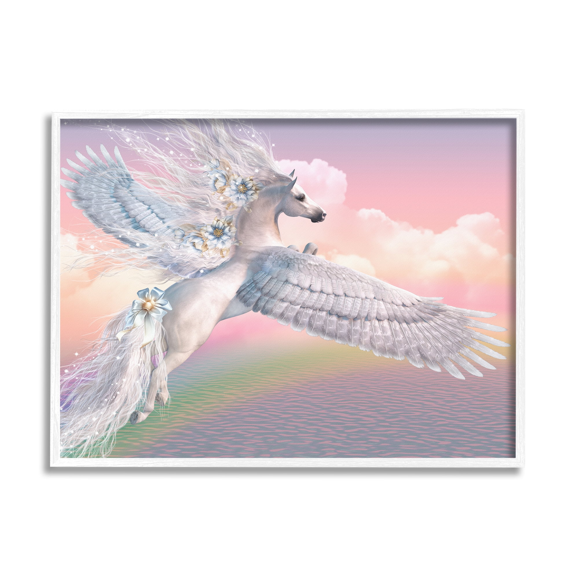 Stupell Industries Unicorn Over the Rainbow Fairy Tales & Fantasy Painting White Framed Art Print Wall Art, 20 x 16