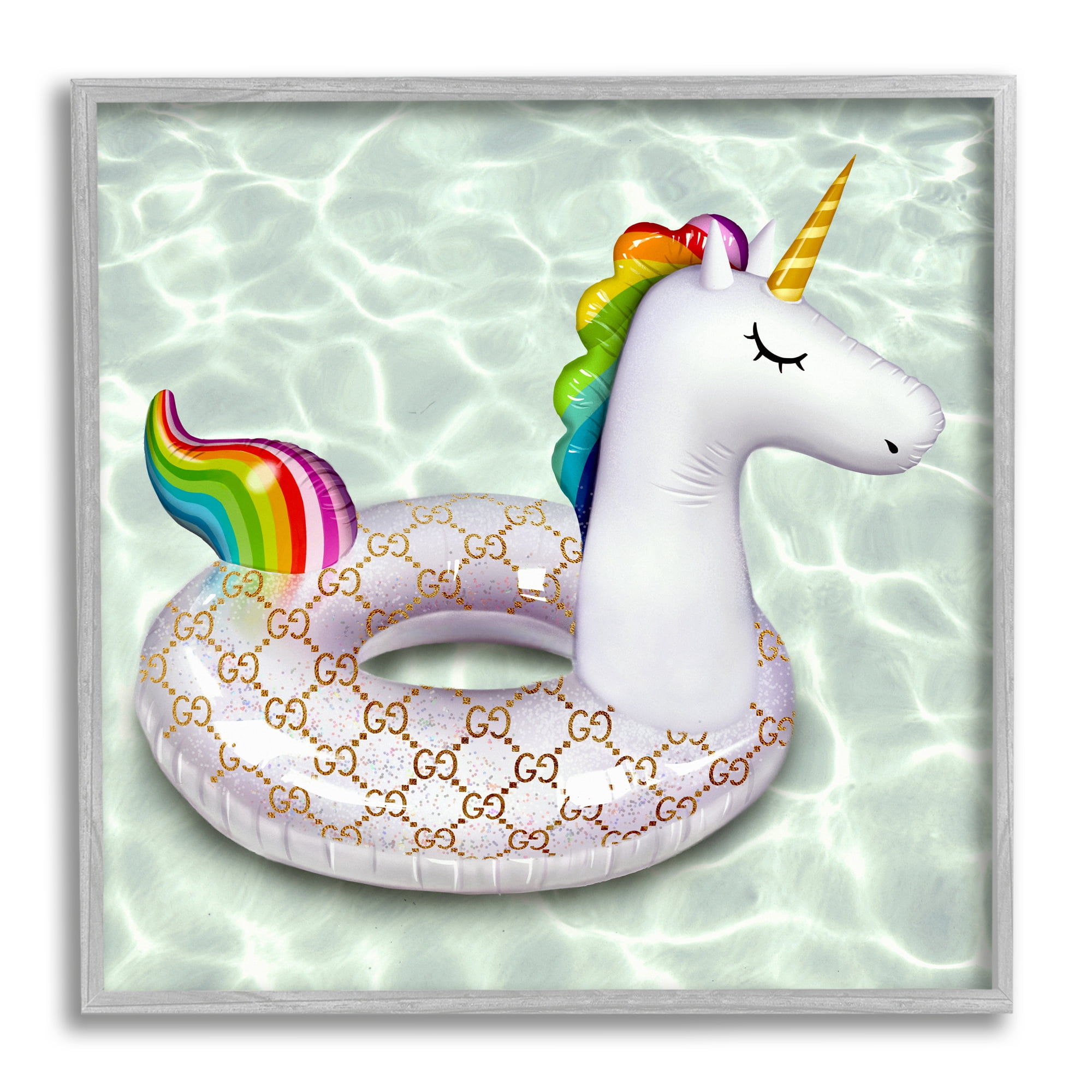 Stupell Industries Unicorn Pool Float Trendy Fashion Emblem Pattern Graphic Art Gray Framed Art Print Wall Art, Design by Ziwei Li