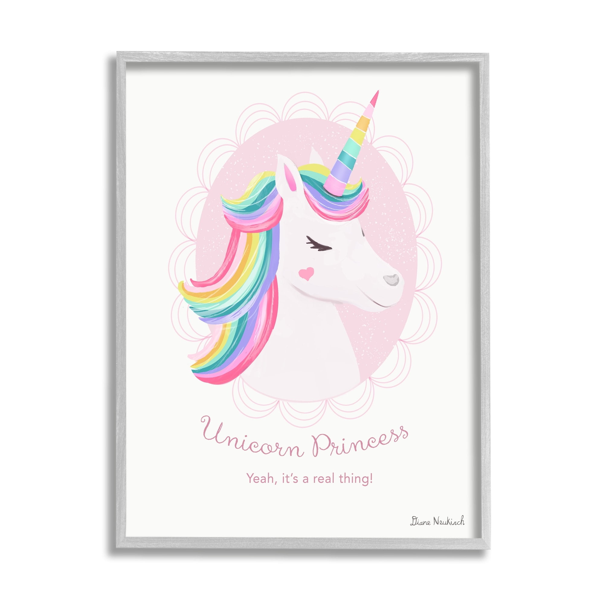 Stupell Industries Unicorn Princess Endearing Unicorn Portrait Fantasy Rainbow Graphic Art Gray Framed Art Print Wall Art, Design by Diane Neukirch