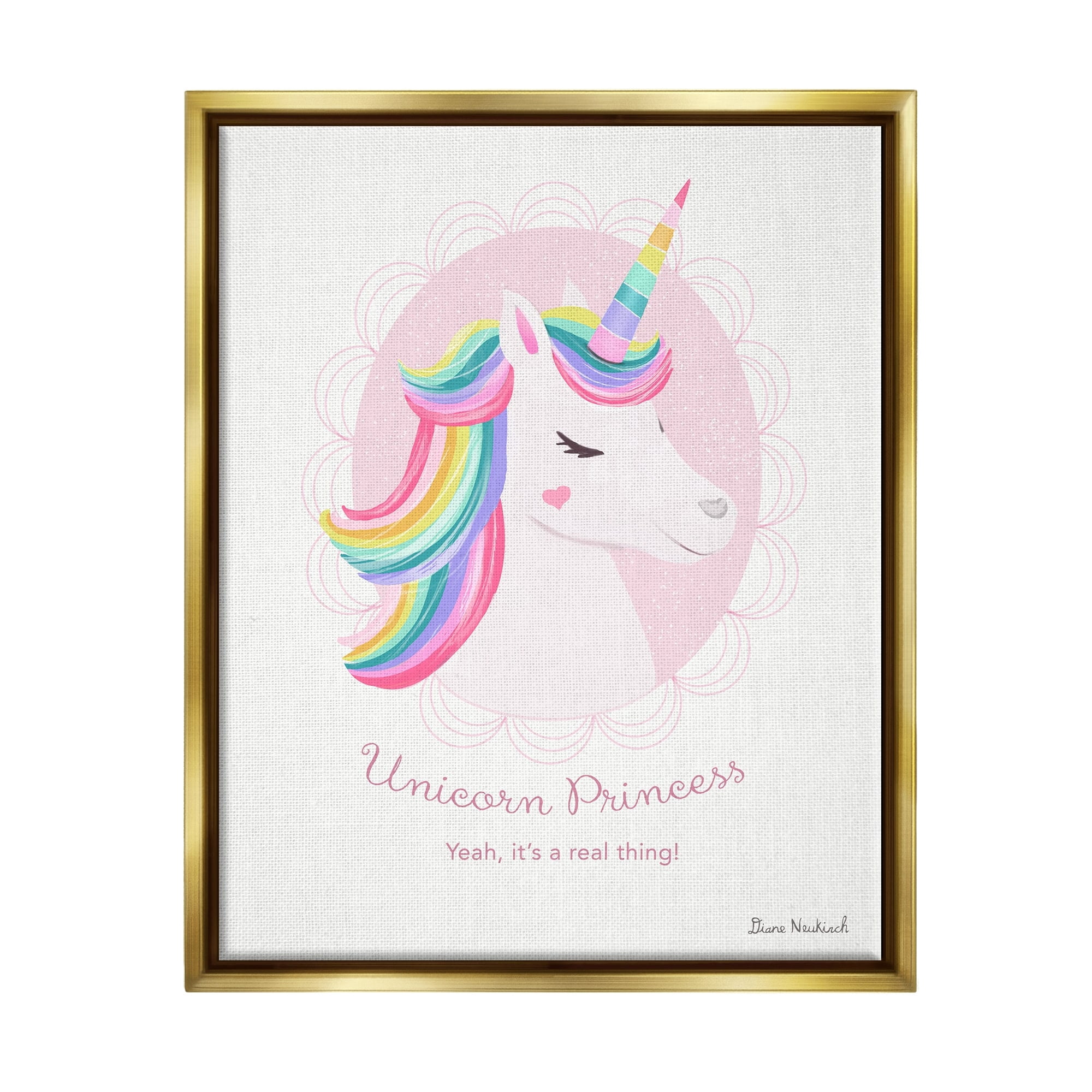 Stupell Industries Unicorn Princess Endearing Unicorn Portrait Fantasy Rainbow Graphic Art Metallic Gold Floating Framed Canvas Print Wall Art, Design by Diane Neukirch