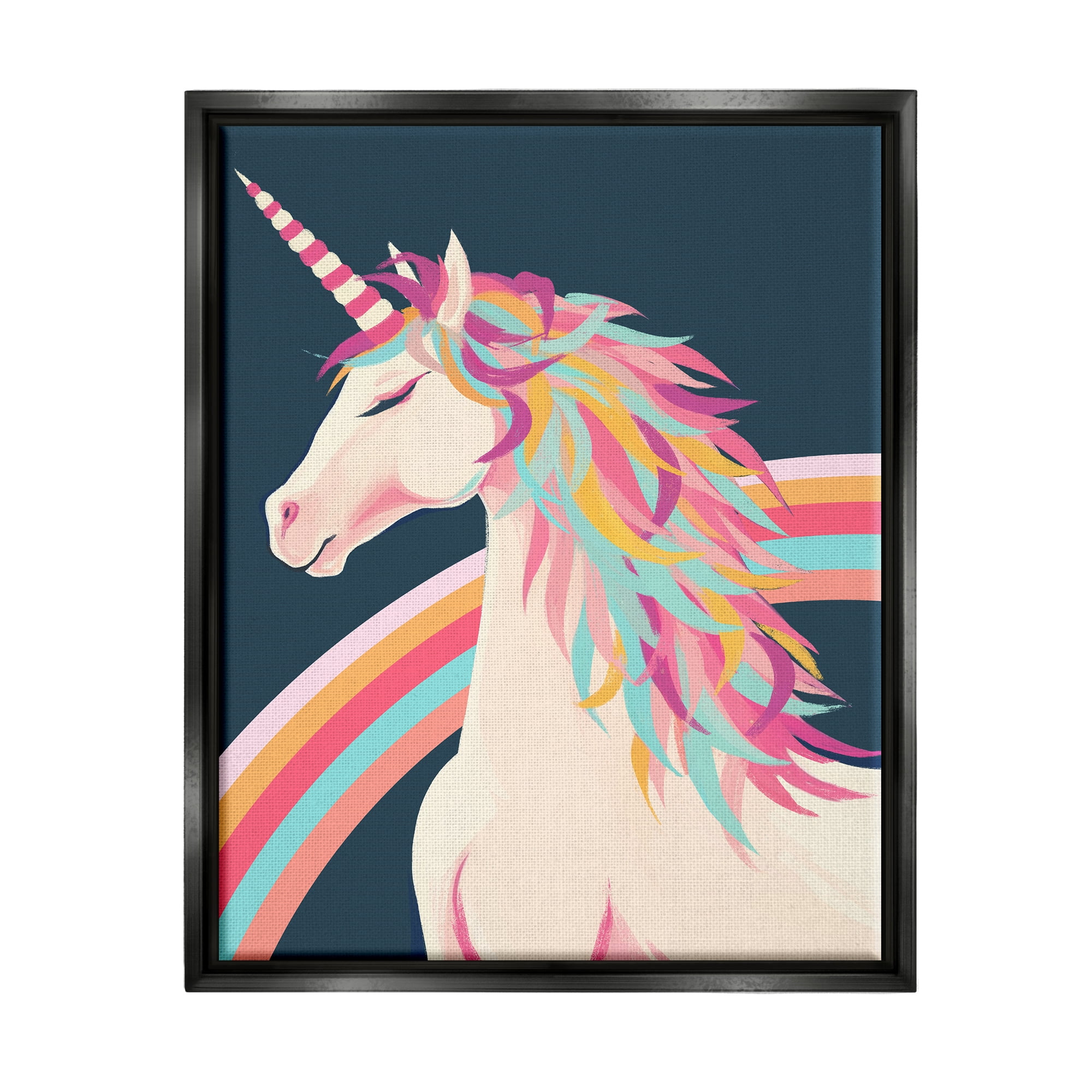 Stupell Industries Unicorn Rainbow Mane Fairy Tales & Fantasy Painting Black Floater Framed Canvas Art Print Wall Art, 25 x 31