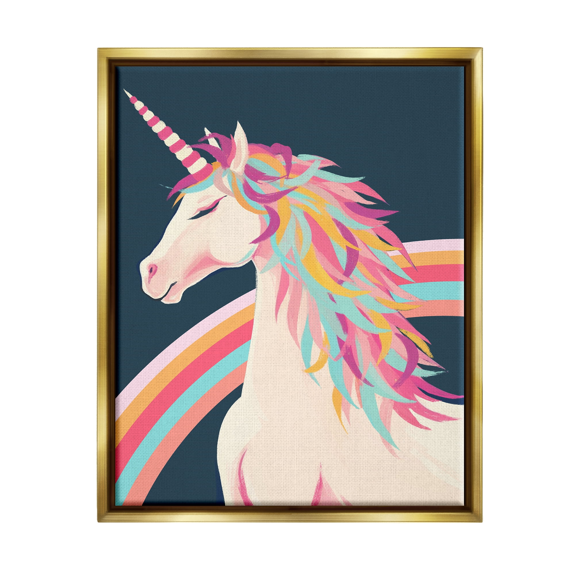 Stupell Industries Unicorn Rainbow Mane Fairy Tales & Fantasy Painting Gold Floater Framed Canvas Art Print Wall Art, 25 x 31