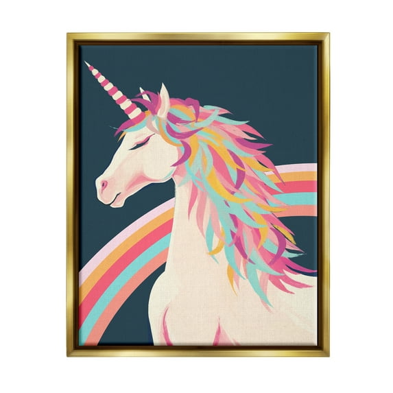 Stupell Industries Unicorn Rainbow Mane Fairy Tales & Fantasy Painting Gold Floater Framed Canvas Art Print Wall Art, 25 x 31