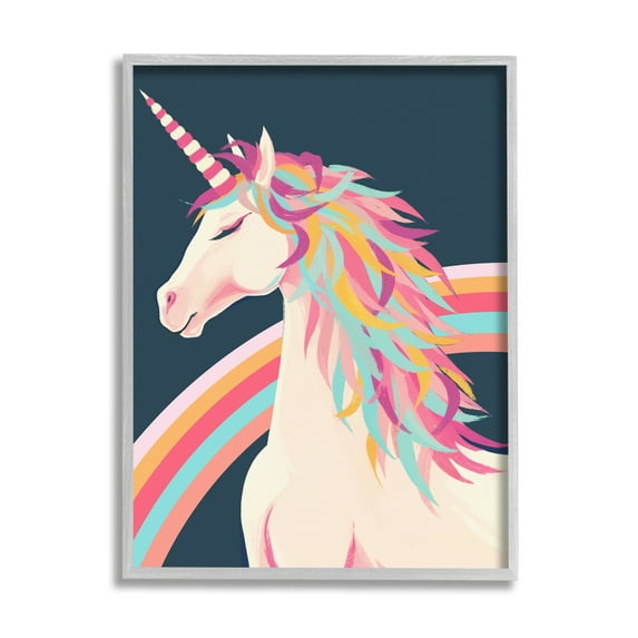 Stupell Industries Unicorn Rainbow Mane Fairy Tales & Fantasy Painting Gray Framed Art Print Wall Art, 16 x 20
