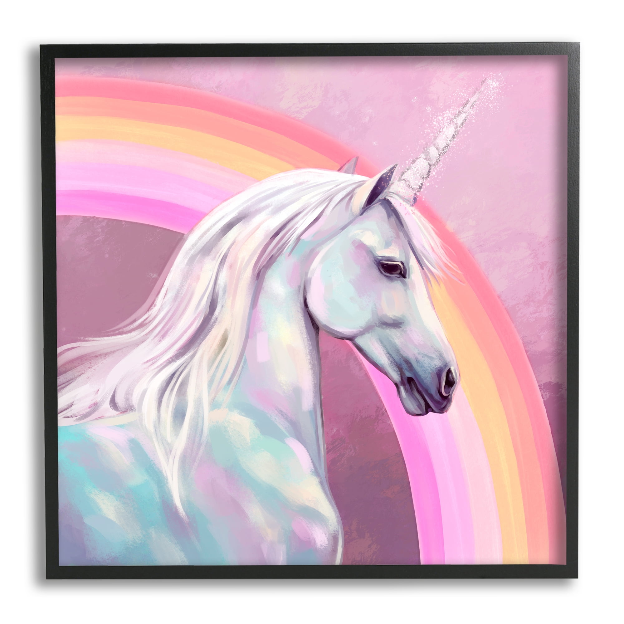 Stupell Industries Unicorn & Rainbow Portrait Fairy Tales & Fantasy Painting Black Framed Art Print Wall Art, 12 x 12