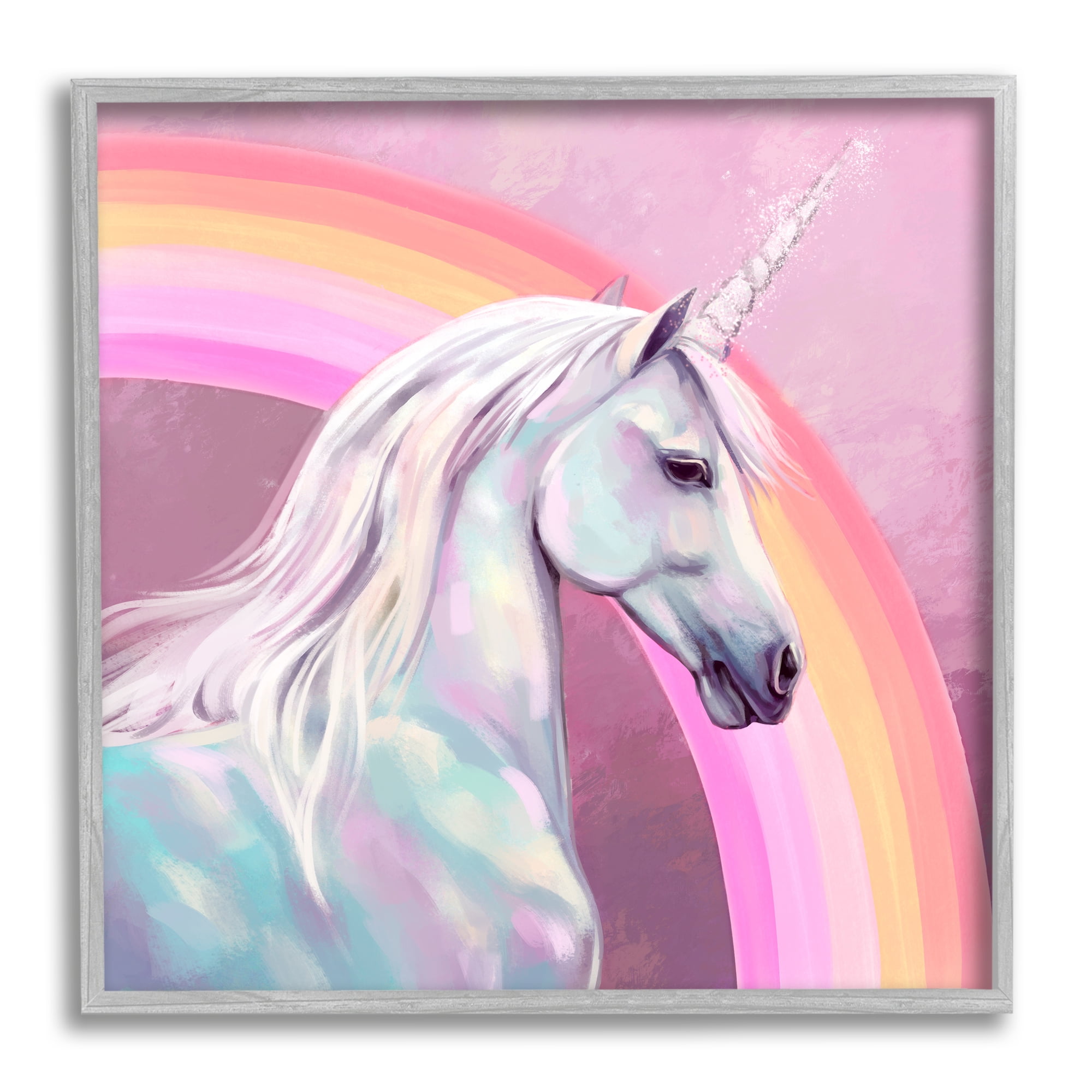 Stupell Industries Unicorn & Rainbow Portrait Fairy Tales & Fantasy Painting Gray Framed Art Print Wall Art, 12 x 12