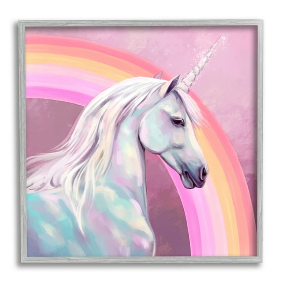 Stupell Industries Unicorn & Rainbow Portrait Fairy Tales & Fantasy Painting Gray Framed Art Print Wall Art, 24 x 24