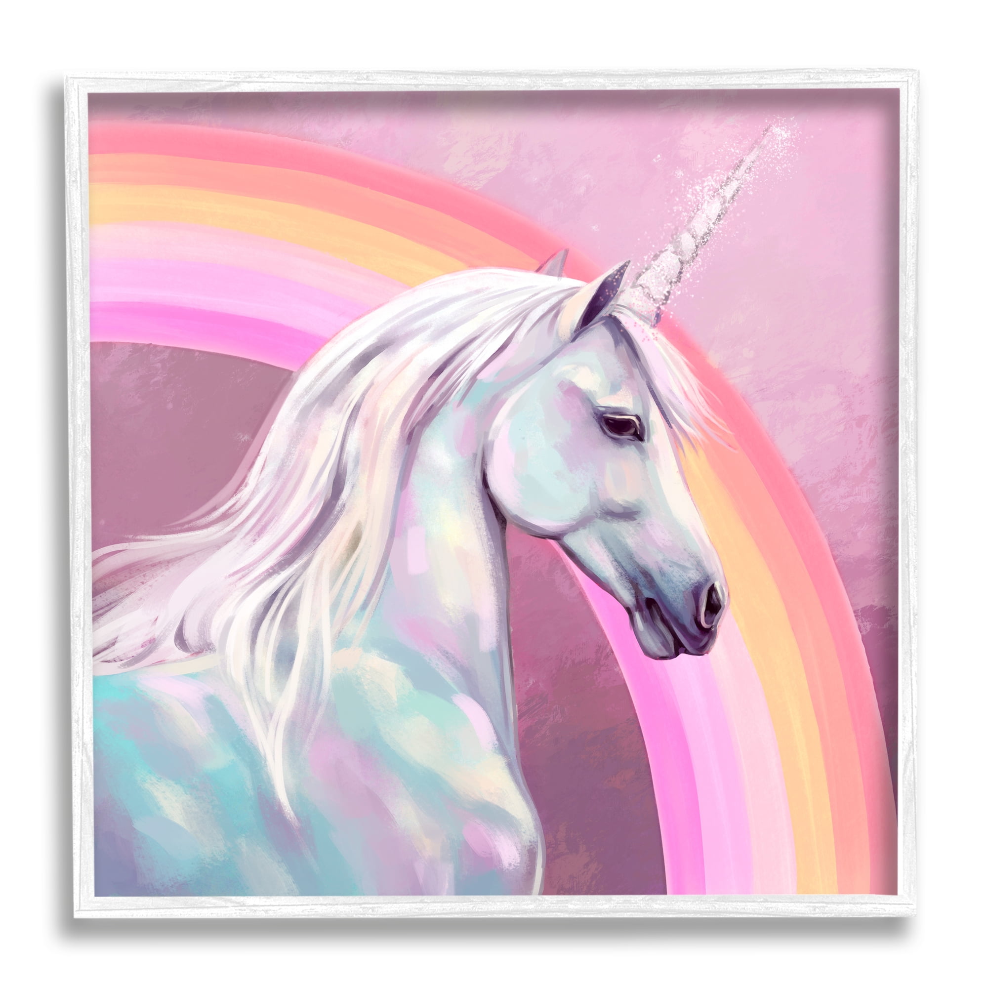 Stupell Industries Unicorn & Rainbow Portrait Fairy Tales & Fantasy Painting White Framed Art Print Wall Art, 12 x 12
