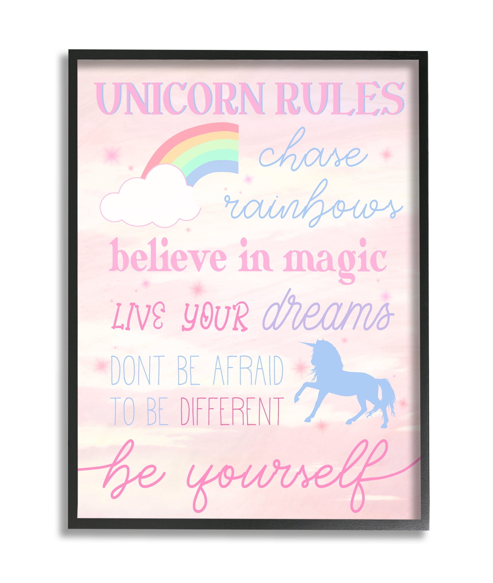 Stupell Industries Unicorn Rules Happiness Rainbow Pink Sky Black Framed, 16 x 20, Design by Daphne Polselli