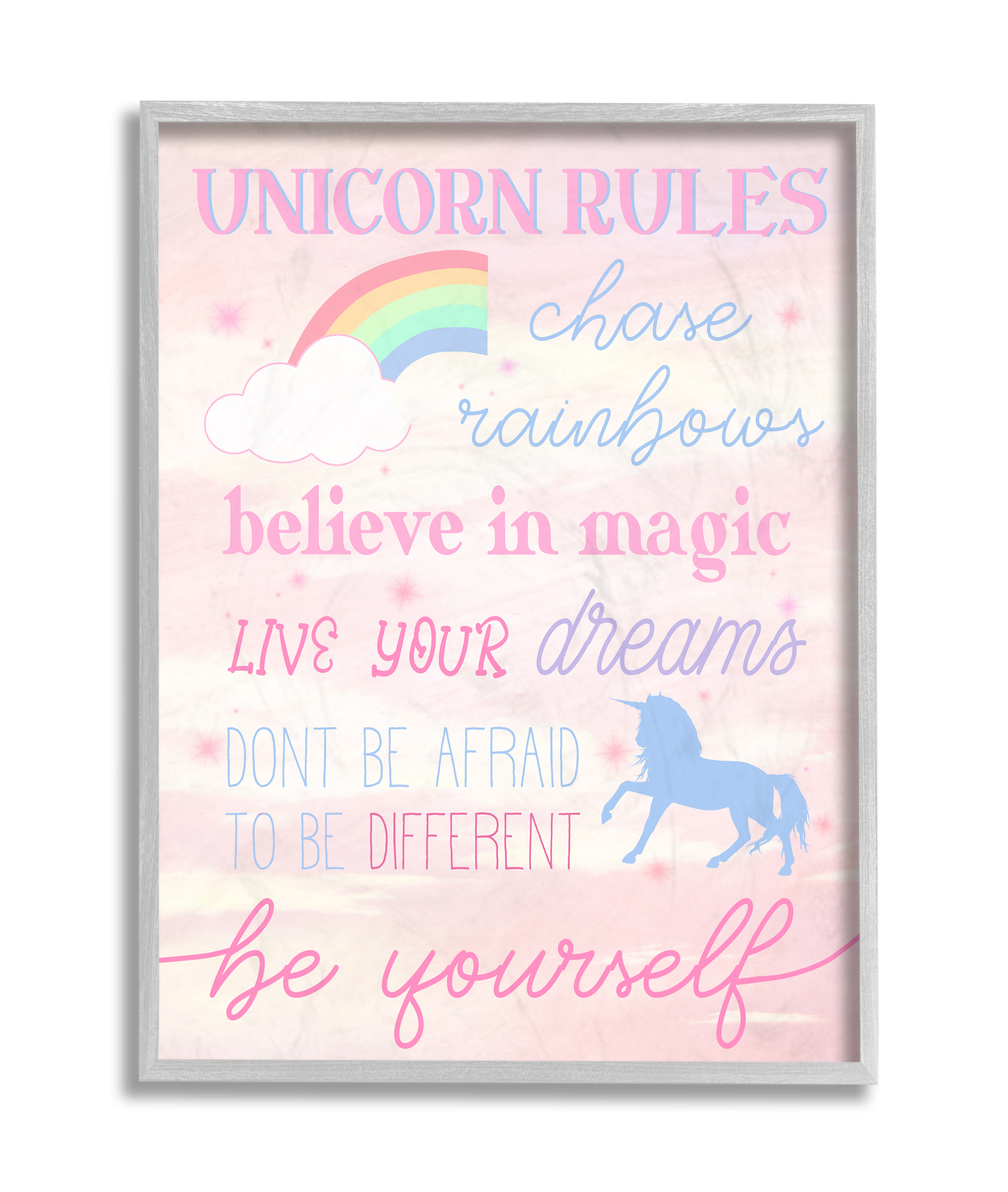 Stupell Industries Unicorn Rules Happiness Rainbow Pink Sky Grey Framed, 16 x 20, Design by Daphne Polselli