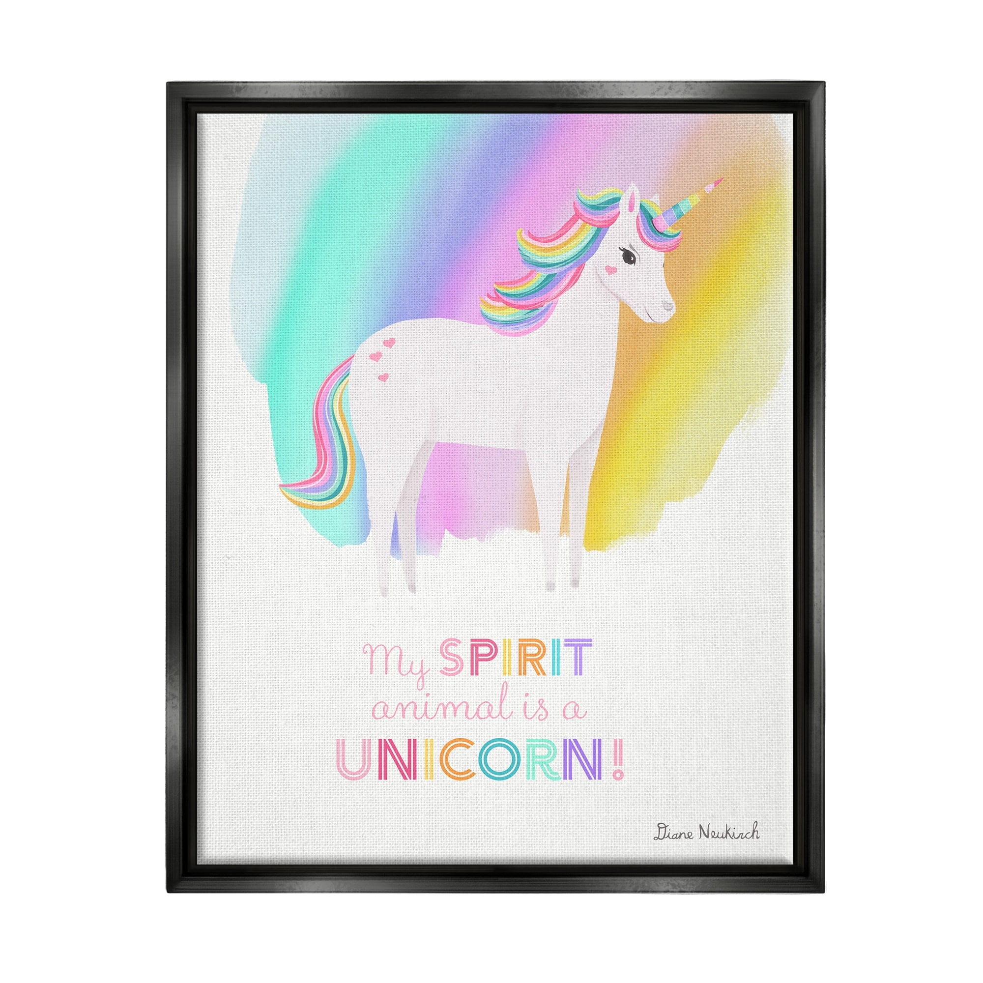 Stupell Industries Unicorn Spirit Animal Vivid Fantasy Rainbow Pony Graphic Art Jet Black Floating Framed Canvas Print Wall Art, Design by Diane Neukirch