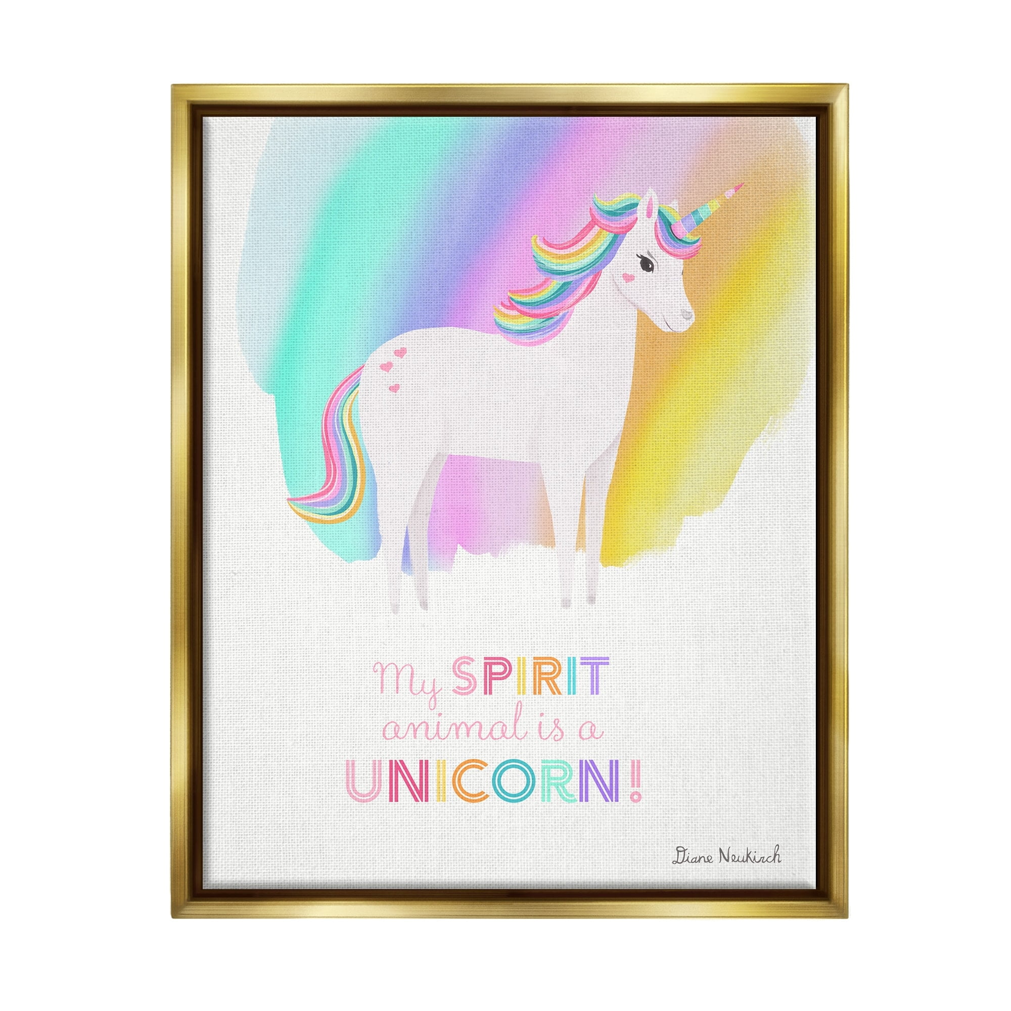 Stupell Industries Unicorn Spirit Animal Vivid Fantasy Rainbow Pony Graphic Art Metallic Gold Floating Framed Canvas Print Wall Art, Design by Diane Neukirch