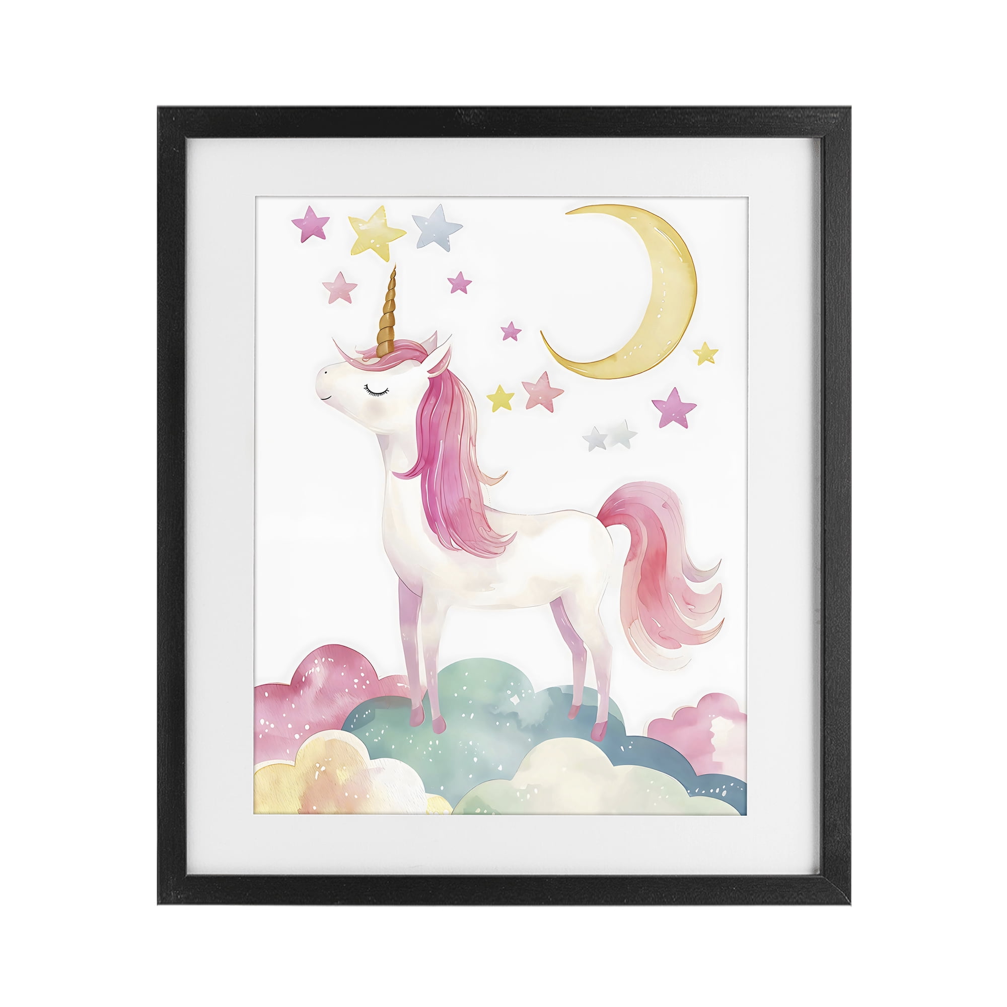 Stupell Industries Unicorn Standing On Clouds Black Framed Print Under Glass, design by Creative Studio