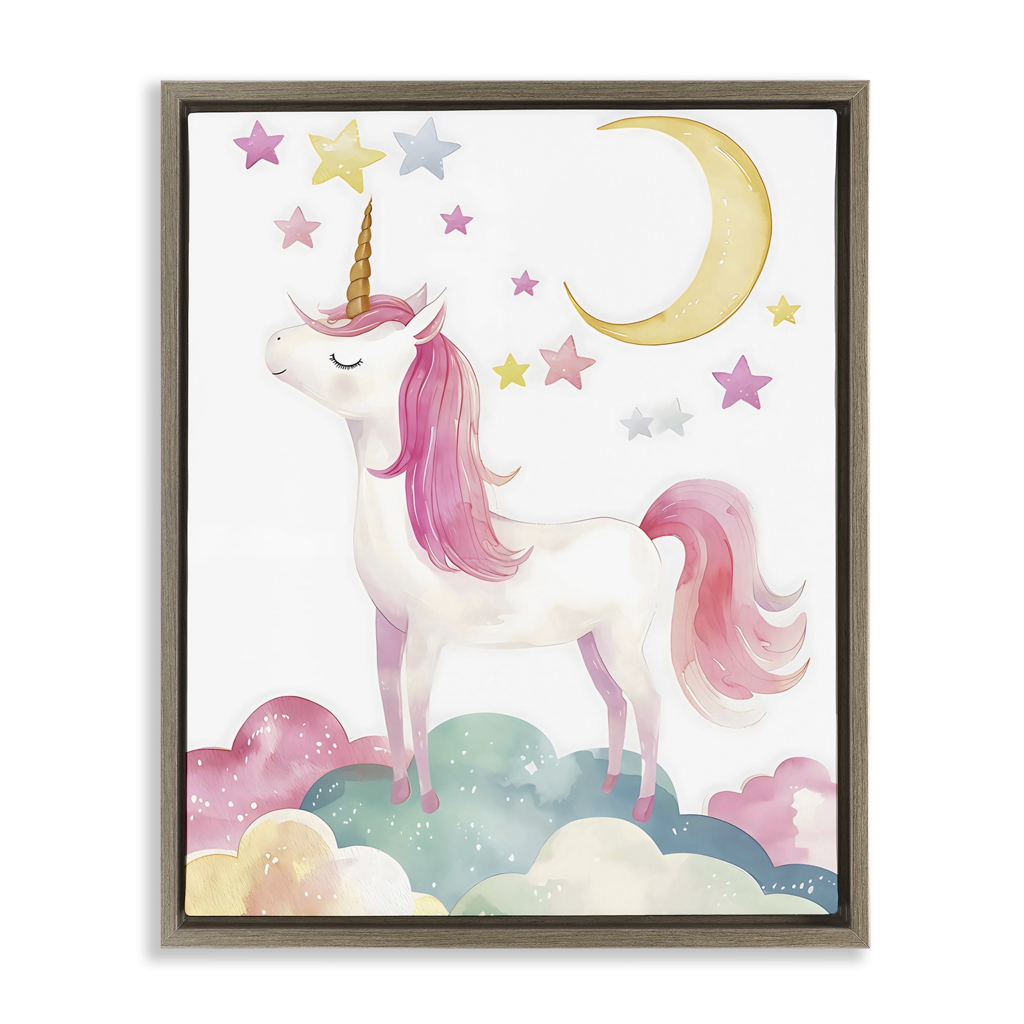 Stupell Industries Unicorn Standing On Clouds Brown Framed Floater Canvas Wall Art, design by Creative Studio