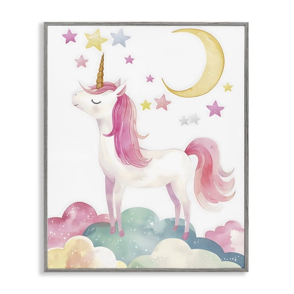 Stupell Industries Eclectic Unicorn Standing On Clouds Gray Framed Giclee Art, 16 x 20, by Creative Studio