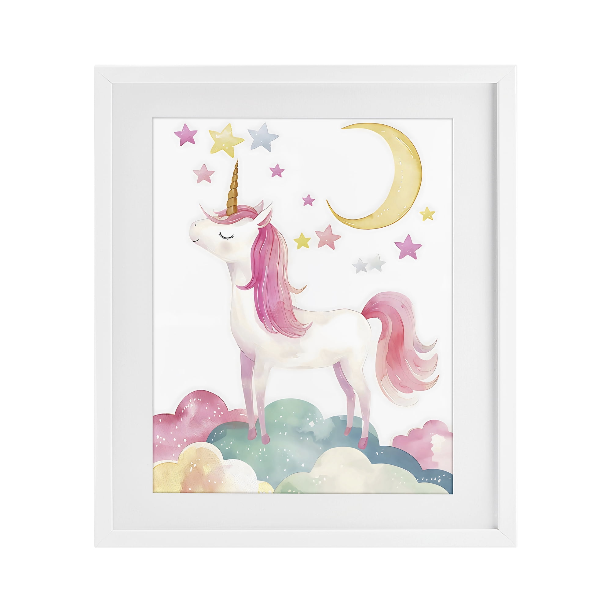 Stupell Industries Unicorn Standing On Clouds White Framed Print Under Glass, design by Creative Studio