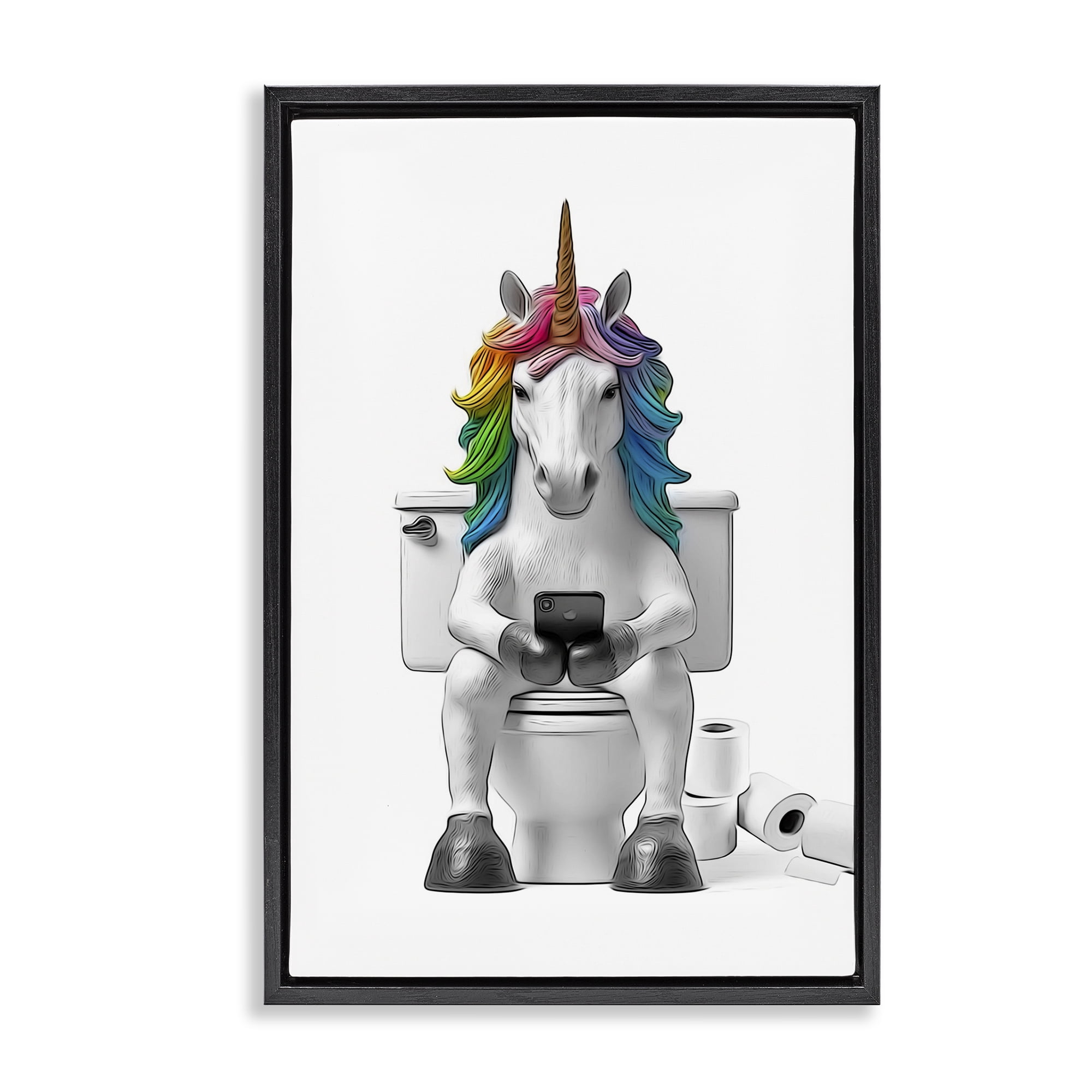 Stupell Industries Unicorn Texting on Toilet Typography Painting Black Floater Framed Canvas Art Print Wall Art, 21 x 31
