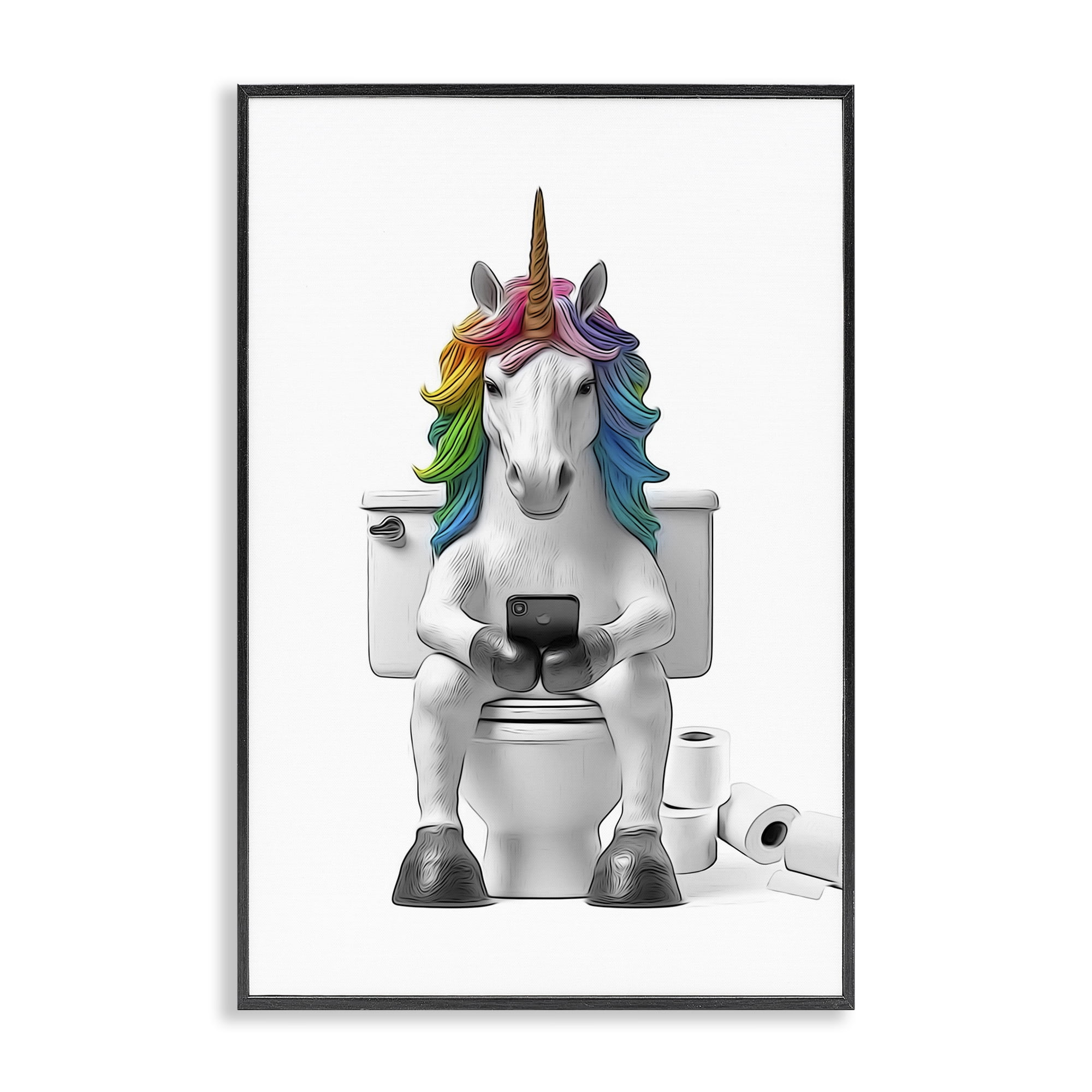 Stupell Industries Unicorn Texting on Toilet Typography Painting Black Framed Art Print Wall Art, 20 x 30