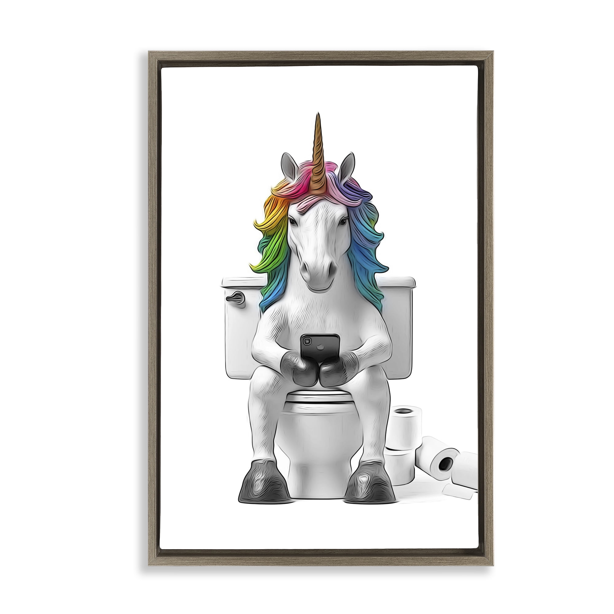 Stupell Industries Unicorn Texting on Toilet Typography Painting Brown Floater Framed Canvas Art Print Wall Art, 21 x 31