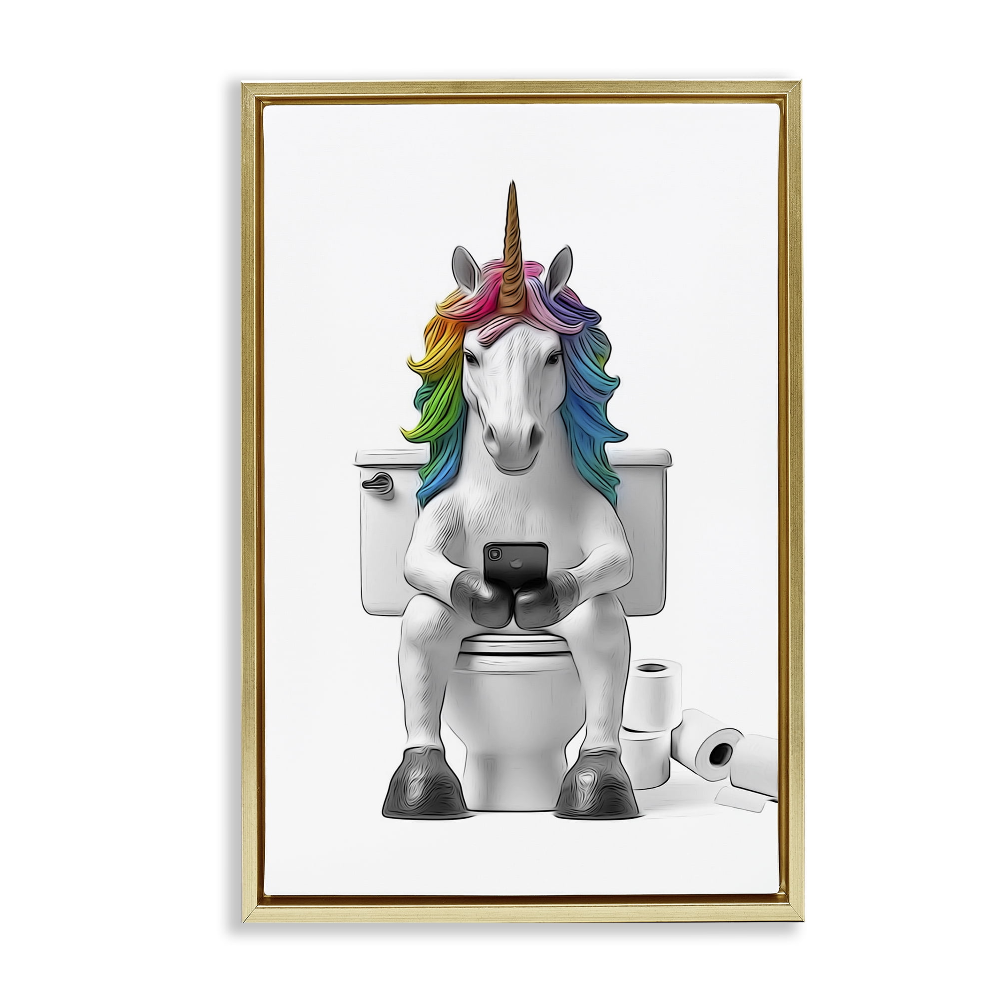Stupell Industries Unicorn Texting on Toilet Typography Painting Gold Floater Framed Canvas Art Print Wall Art, 17 x 25