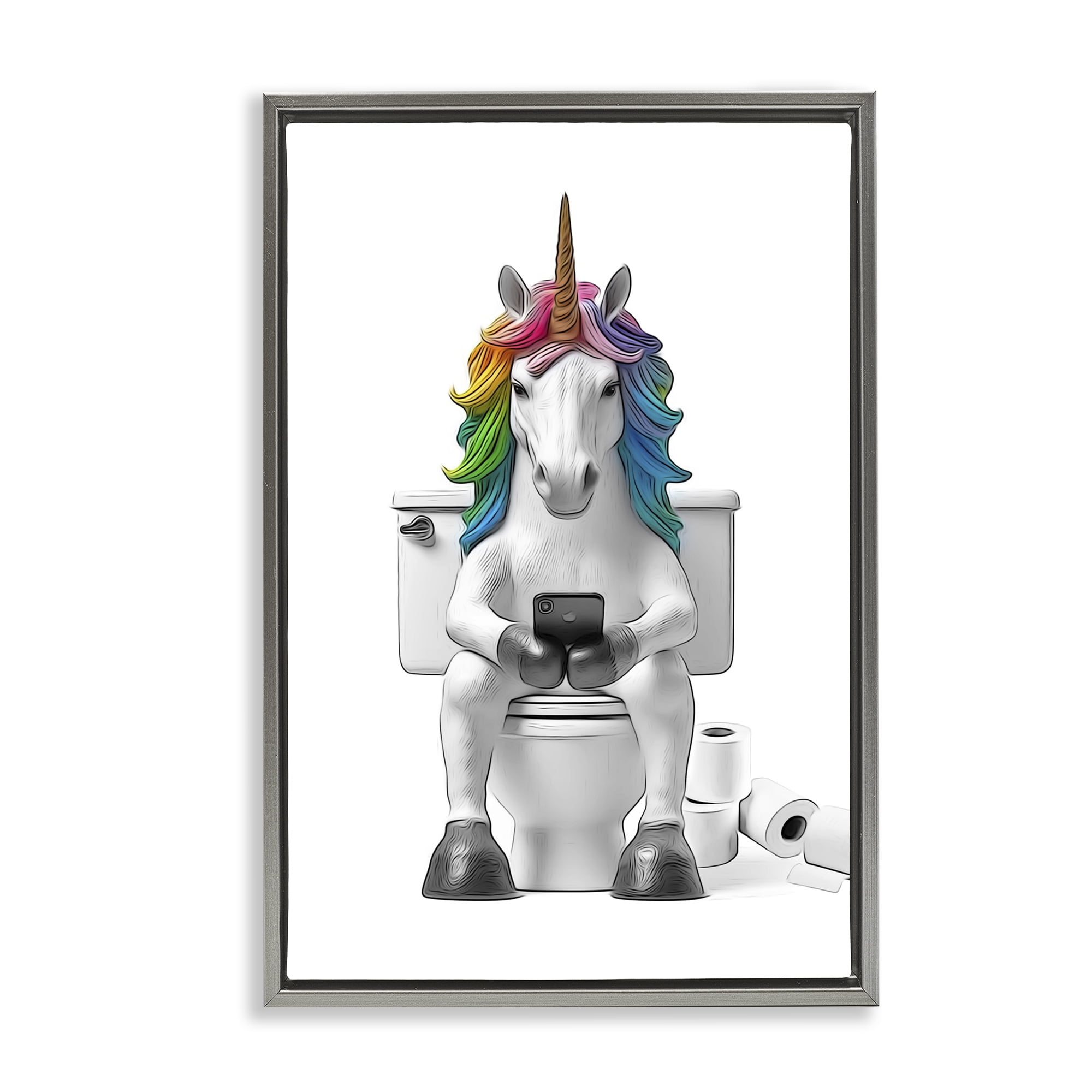 Stupell Industries Unicorn Texting on Toilet Typography Painting Gray Floater Framed Canvas Art Print Wall Art, 17 x 25