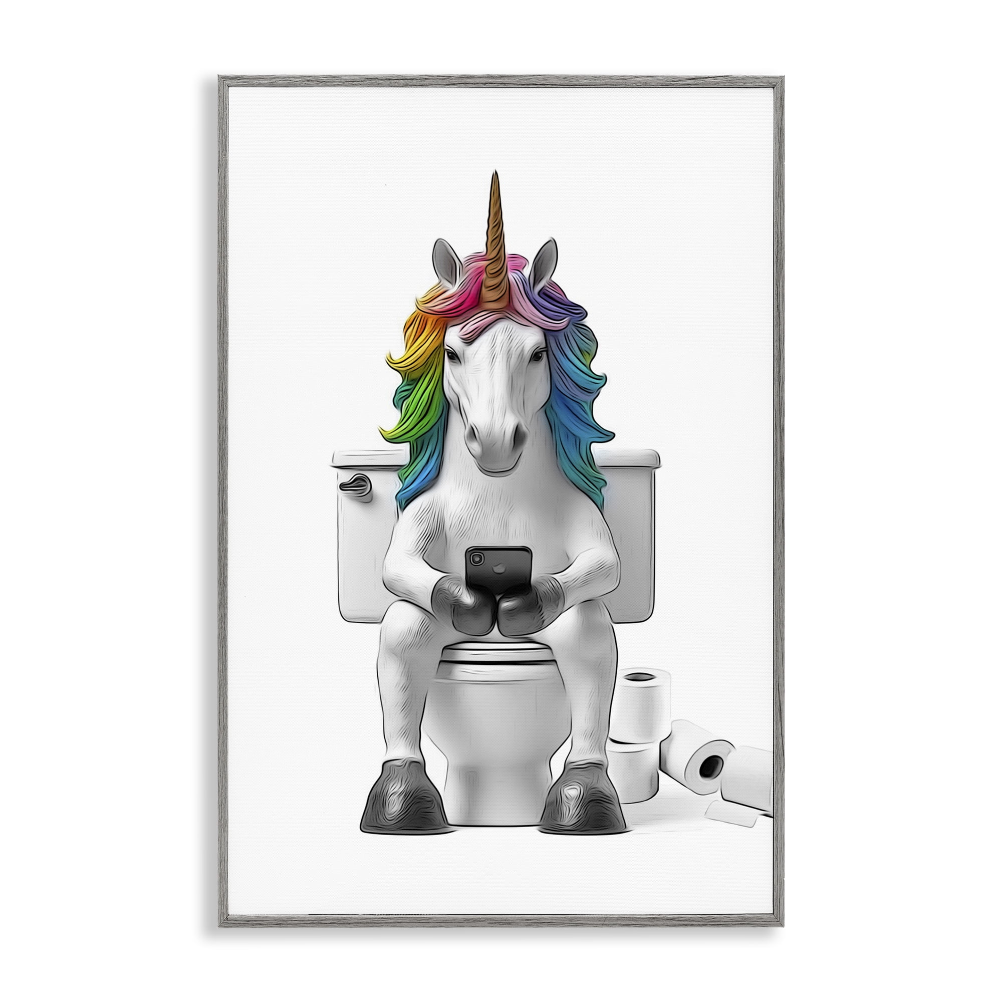 Stupell Industries Unicorn Texting on Toilet Typography Painting Gray Framed Art Print Wall Art, 16 x 24