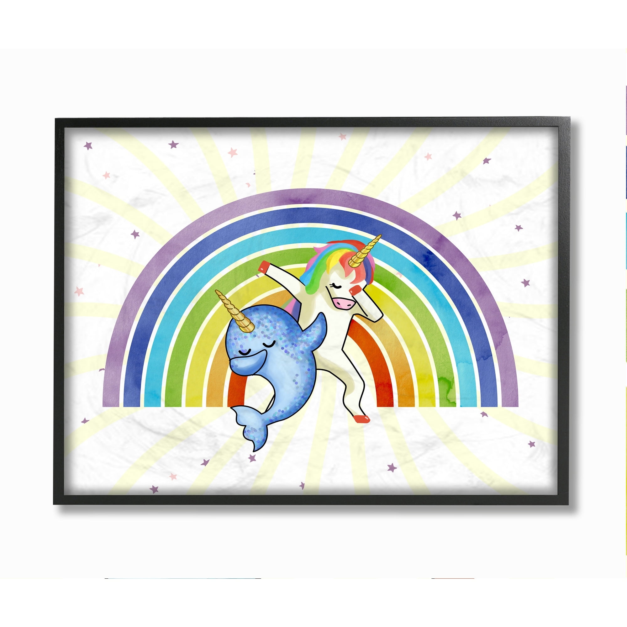 Stupell Industries Unicorn and Narwhal Fantasy Design Dab Dance Rainbow Framed Wall Art Design by Ziwei Li, 11" x 14", Black Framed