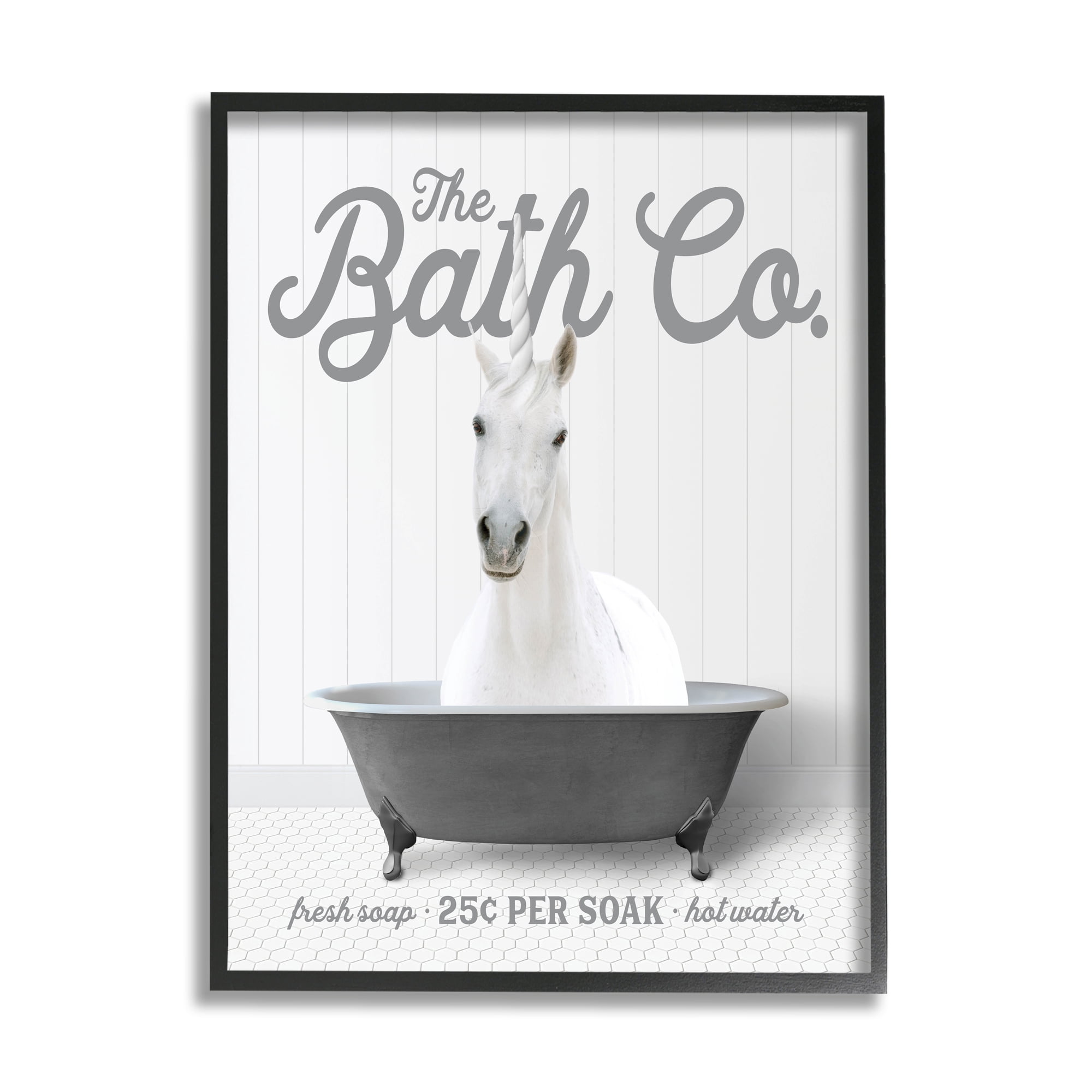 Stupell Industries Unicorn in Bathtub Animals & Insects Painting Black Framed Art Print Wall Art, 16 x 20