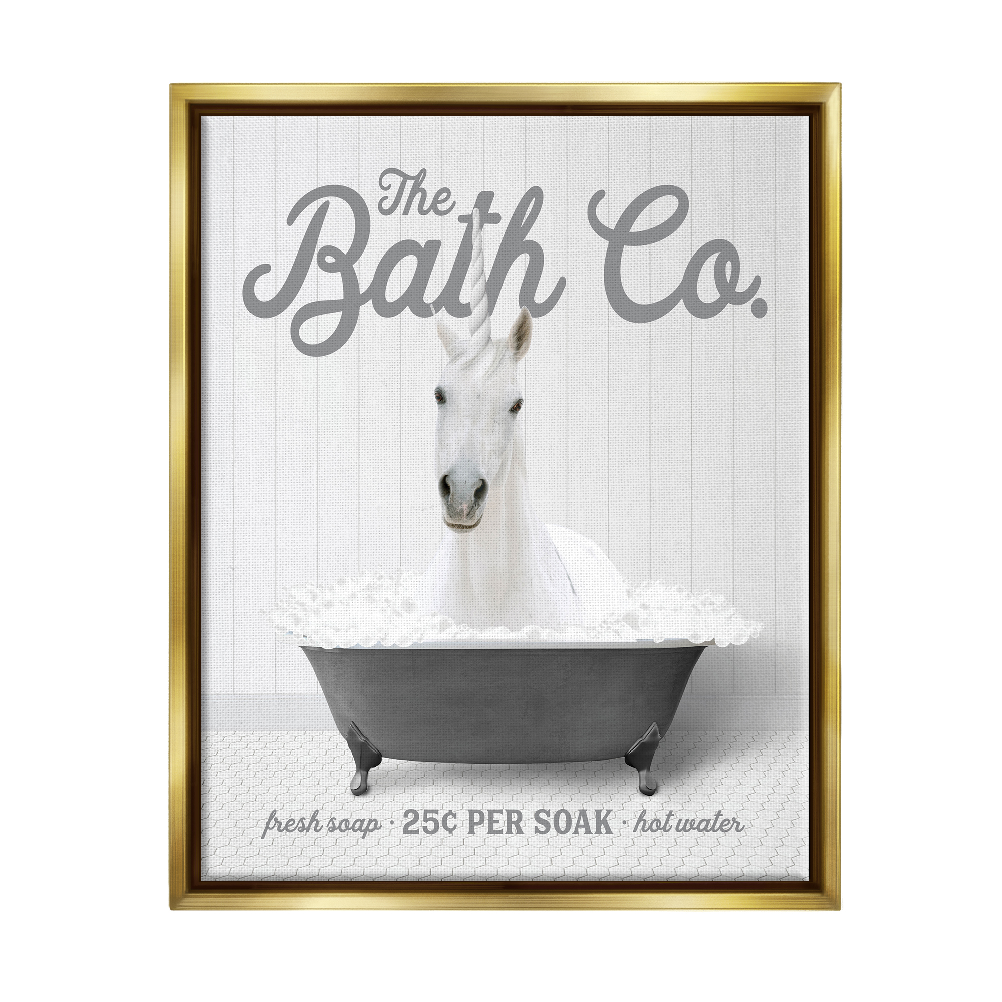 Stupell Industries Unicorn in Bubble Bath Animals & Insects Painting Gold Floater Framed Art Print Wall Art, 17 x 21