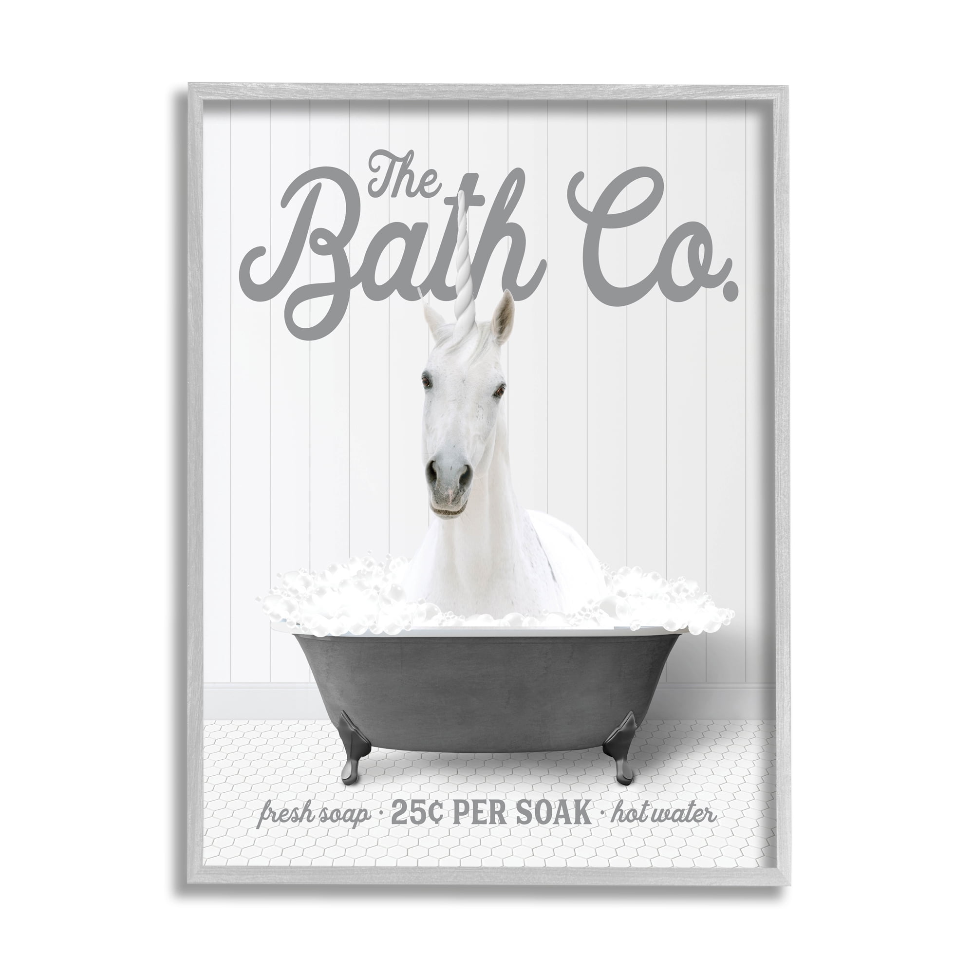 Stupell Industries Unicorn in Bubble Bath Animals & Insects Painting Gray Framed Art Print Wall Art, 16 x 20