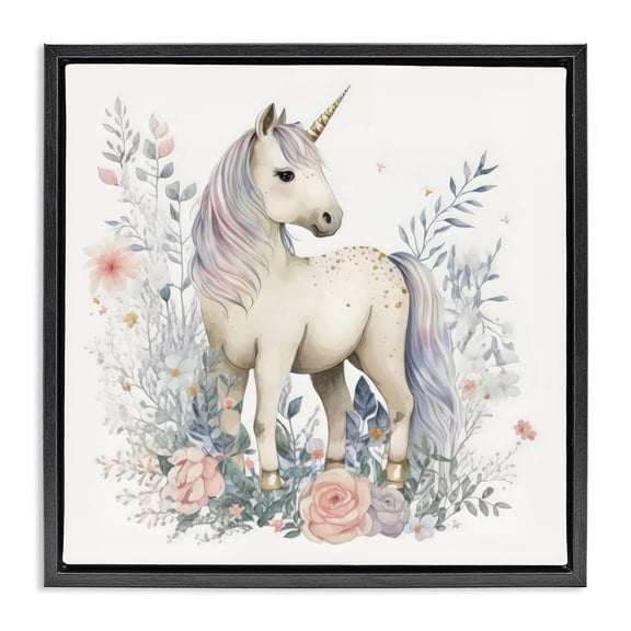 Stupell Industries Unicorn in Delicate Floral Forest Black Framed Floater Canvas Wall Art, design by Creative Studio