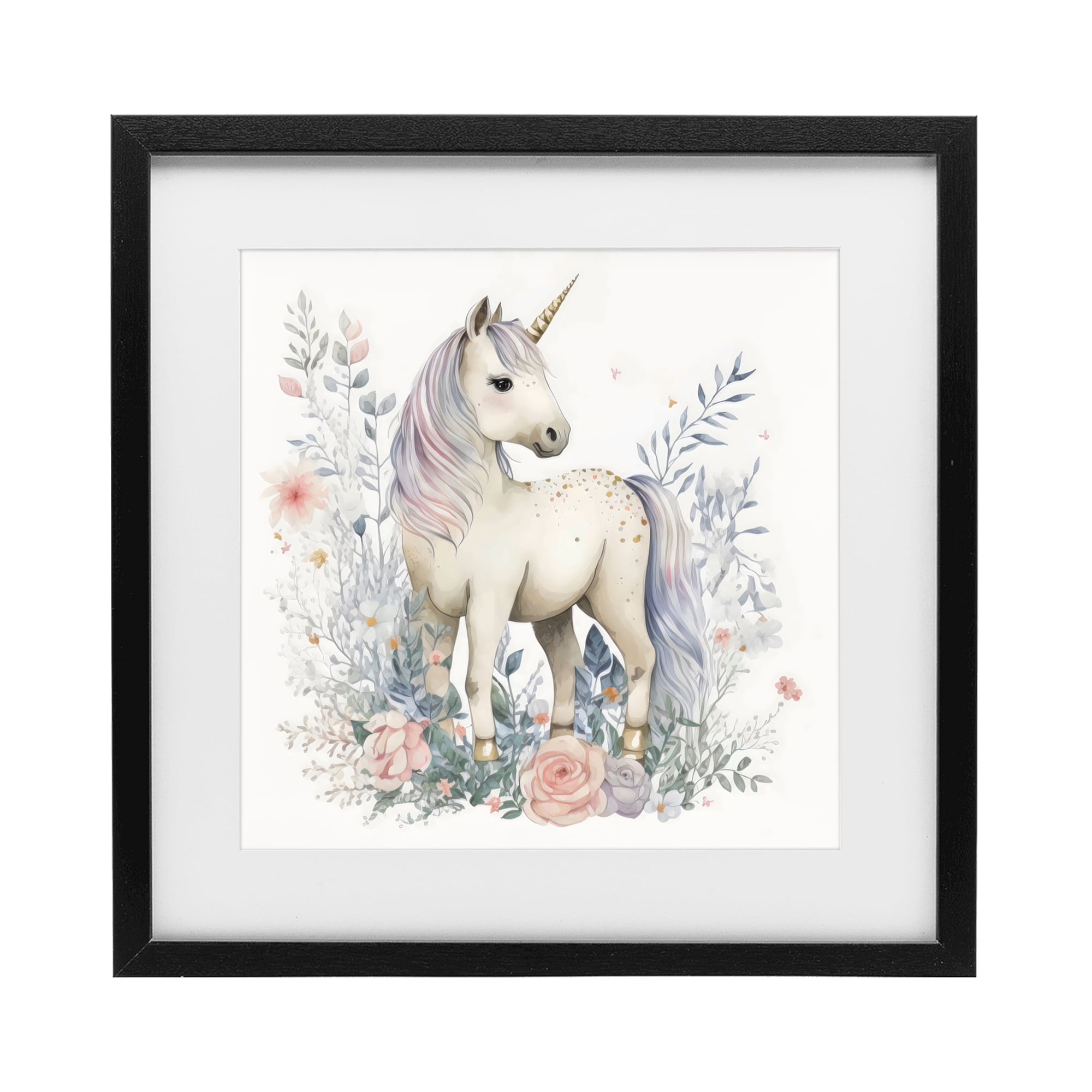 Stupell Industries Unicorn in Delicate Floral Forest Black Framed Print Under Glass, design by Creative Studio