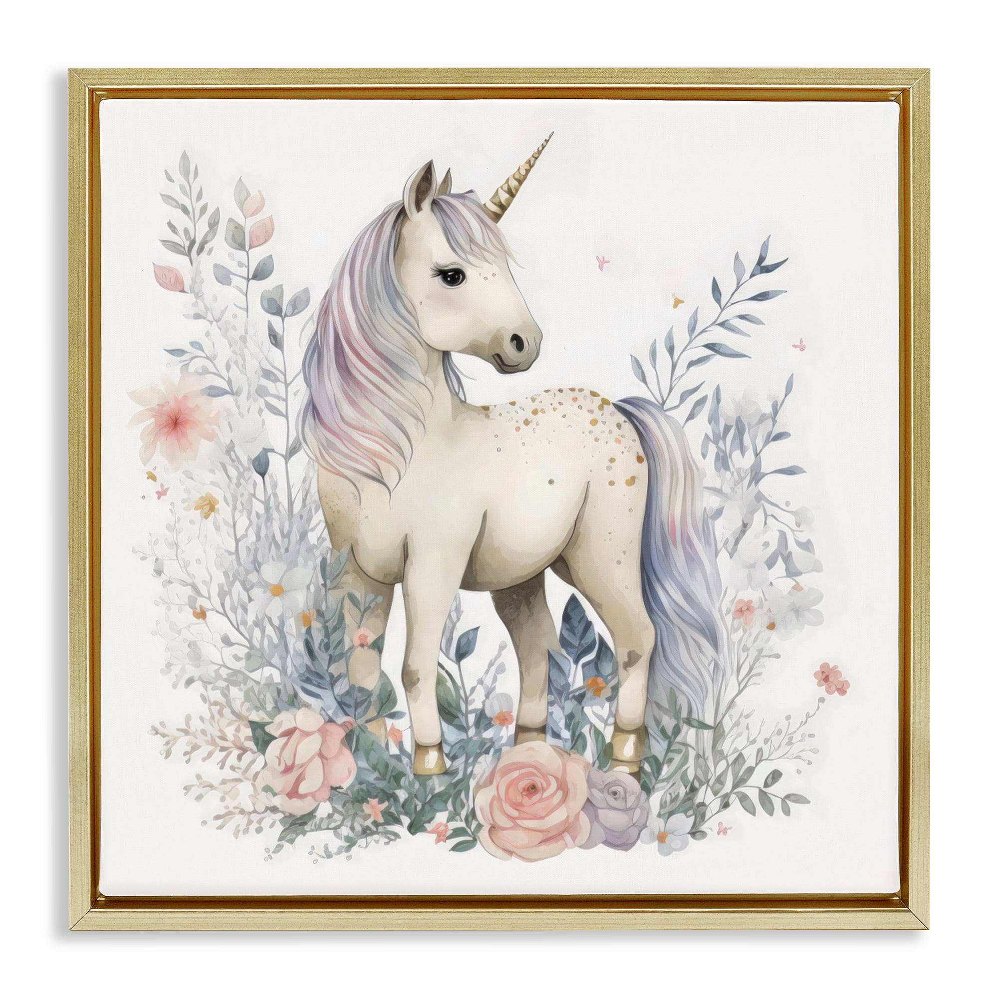 Stupell Industries Unicorn in Delicate Floral Forest Gold Framed Floater Canvas Wall Art, design by Creative Studio