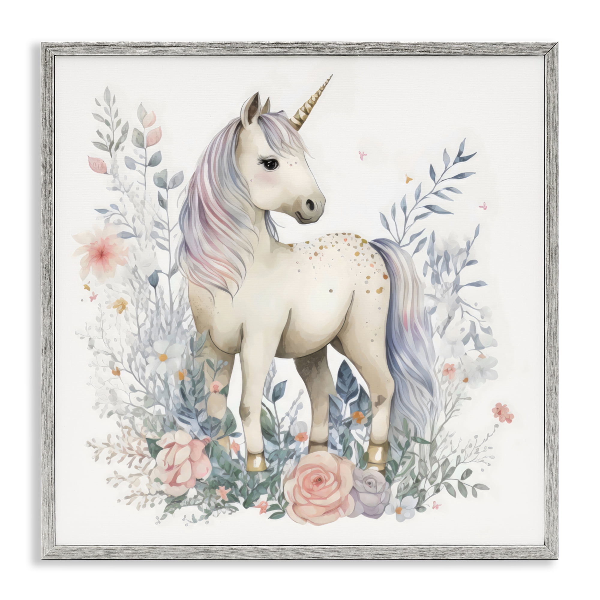 Stupell Industries Unicorn in Delicate Floral Forest Gray Framed Giclee Art, design by Creative Studio