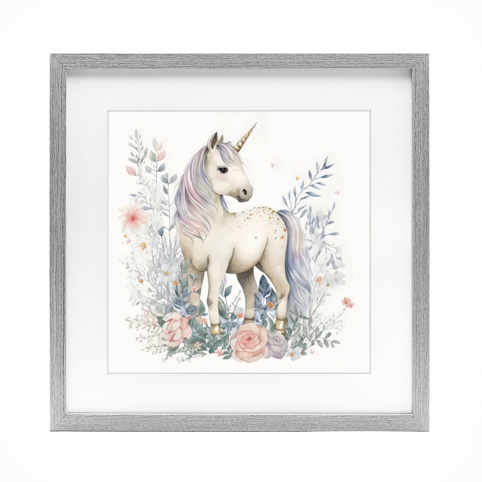 Stupell Industries Unicorn in Delicate Floral Forest Gray Framed Print Under Glass, design by Creative Studio
