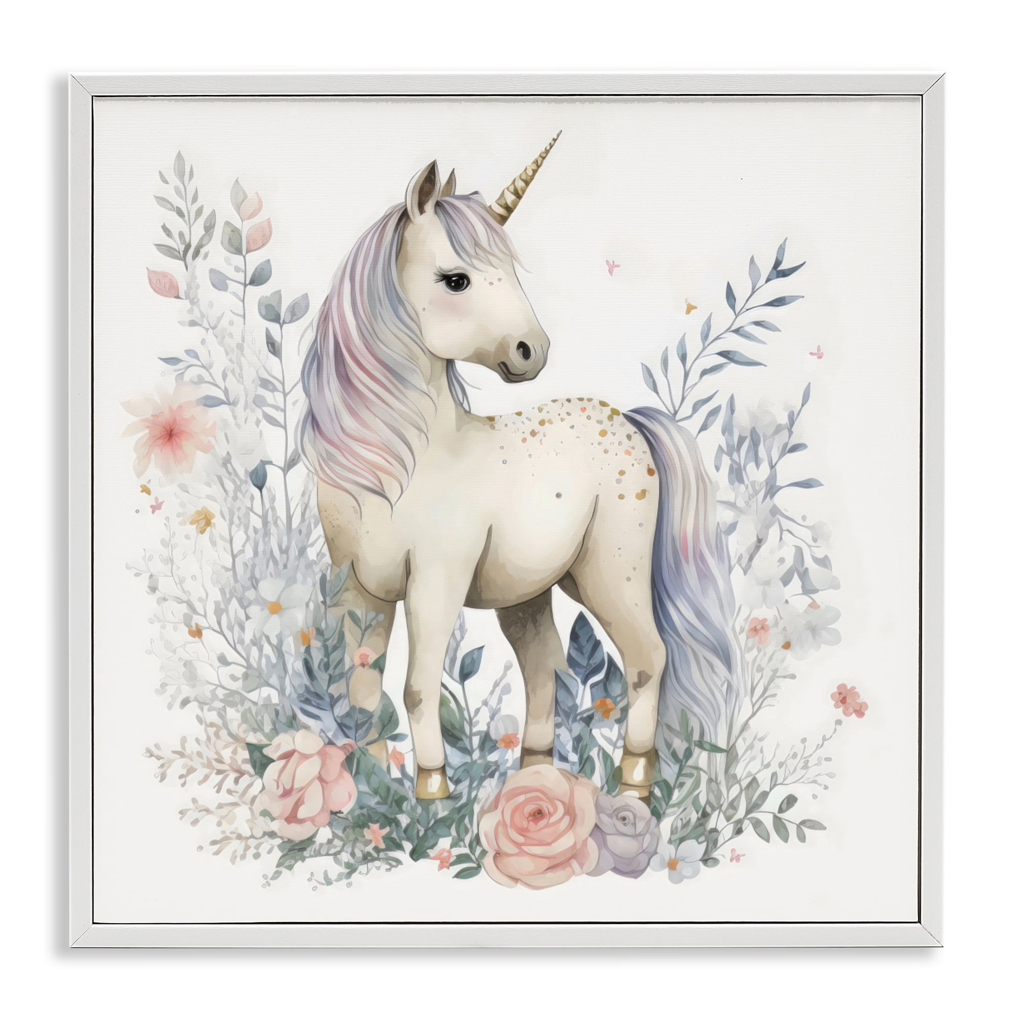 Stupell Industries Unicorn in Delicate Floral Forest White Framed Giclee Art, design by Creative Studio