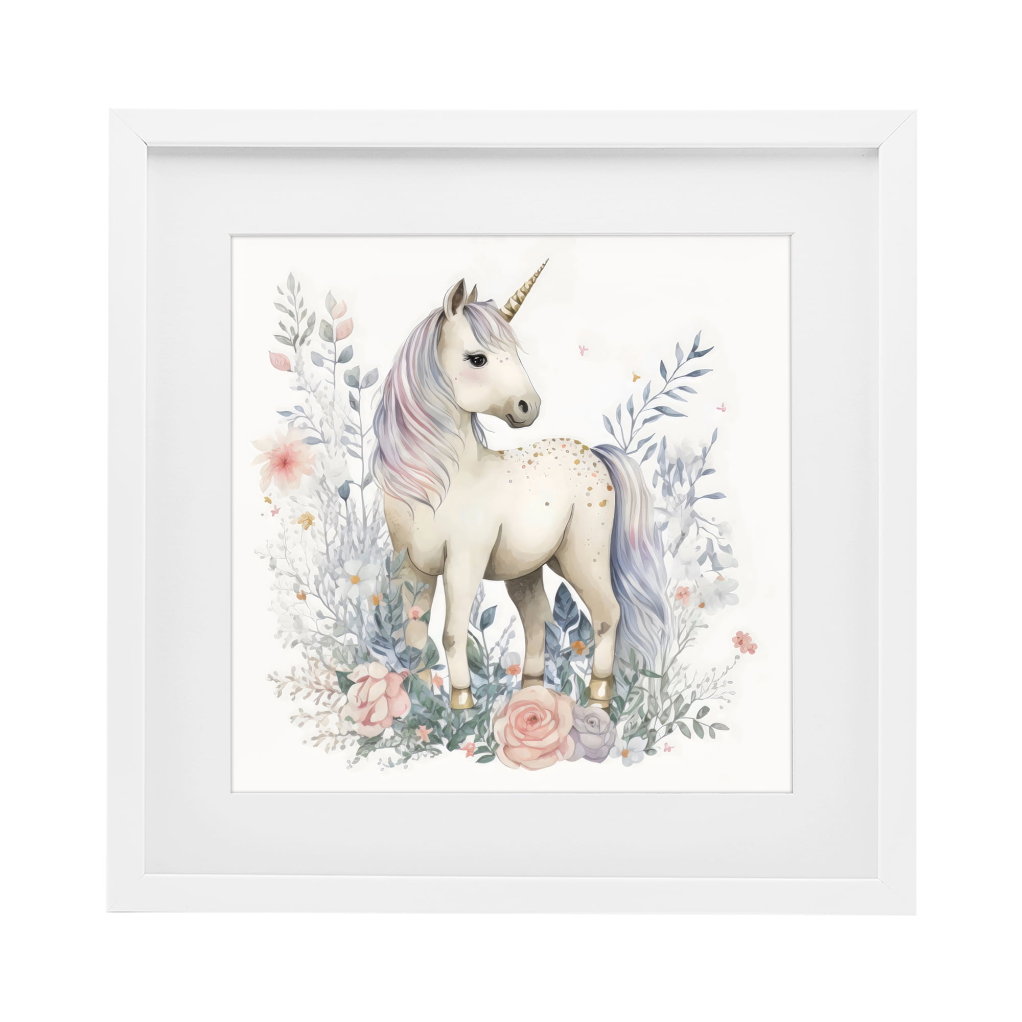 Stupell Industries Unicorn in Delicate Floral Forest White Framed Print Under Glass, design by Creative Studio
