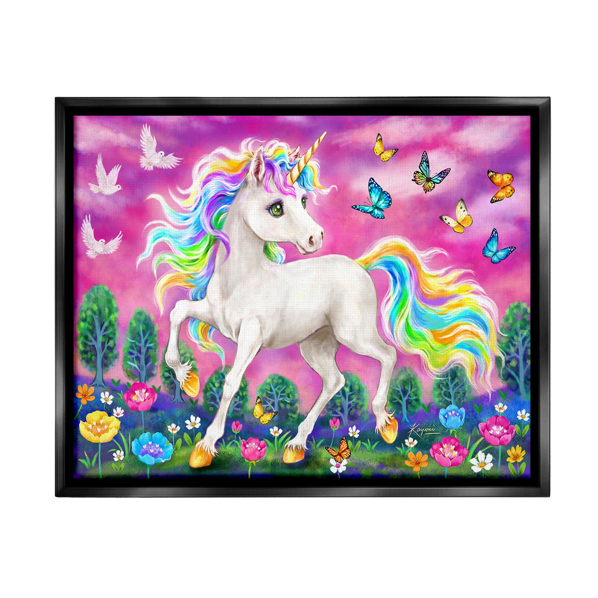 Stupell Industries Unicorn in Meadow Fairy Tales & Fantasy Painting Black Floater Framed Canvas Art Print Wall Art, 21 x 17