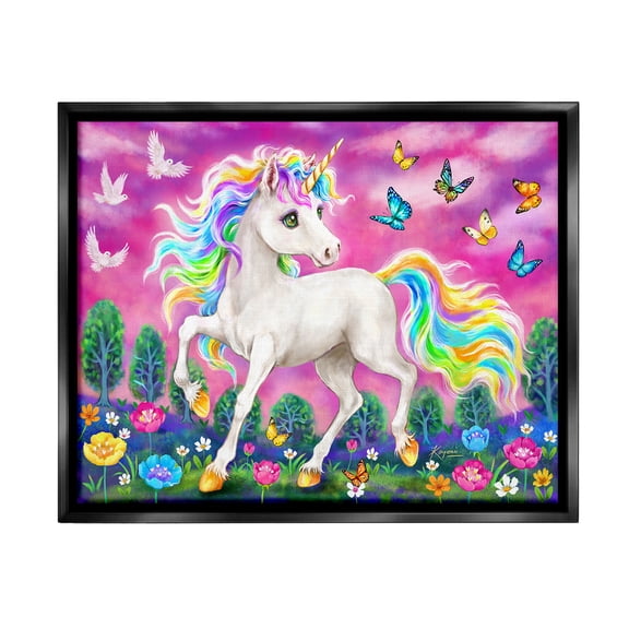 Stupell Industries Unicorn in Meadow Fairy Tales & Fantasy Painting Black Floater Framed Canvas Art Print Wall Art, 21 x 17