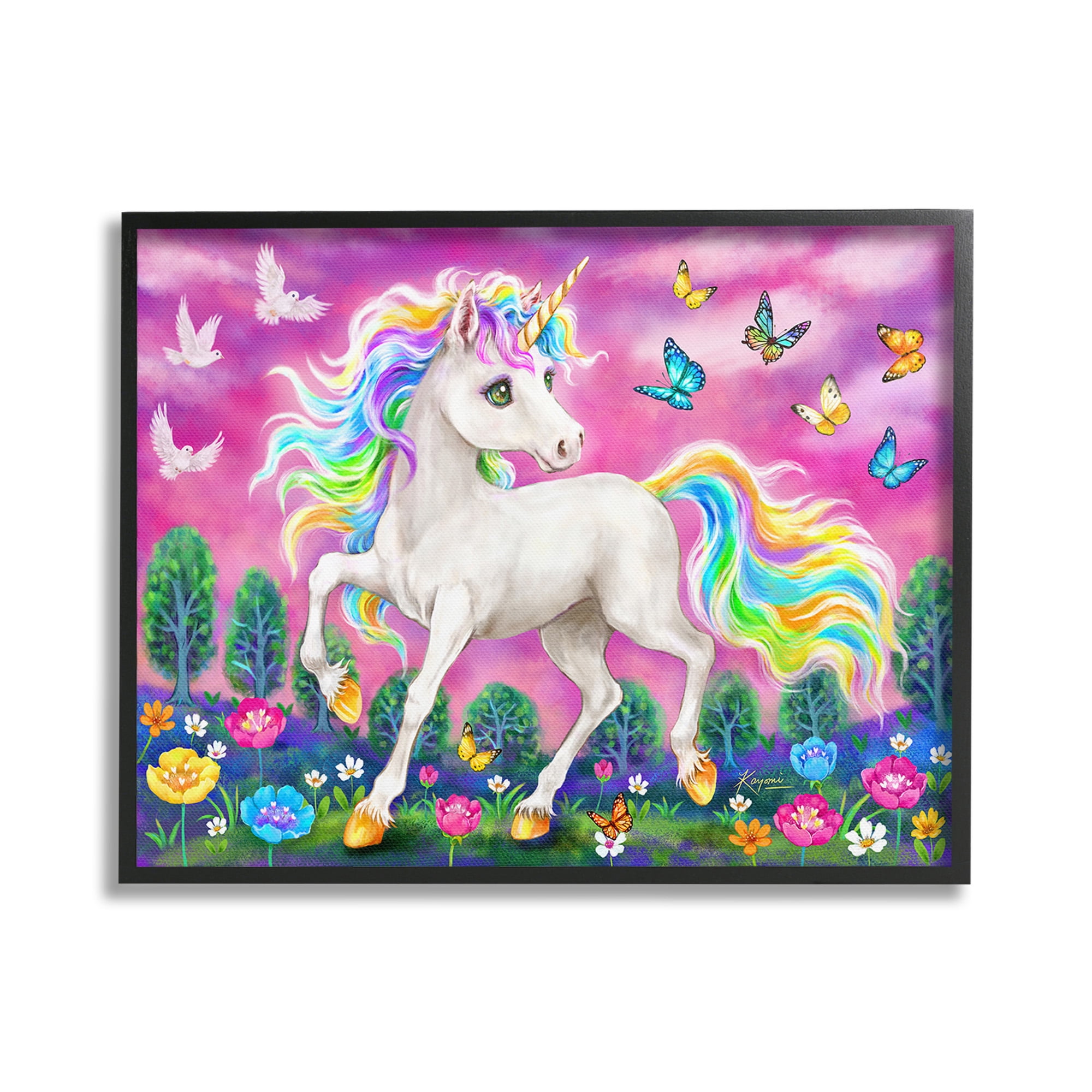 Stupell Industries Unicorn in Meadow Fairy Tales & Fantasy Painting Black Framed Art Print Wall Art, 30 x 24