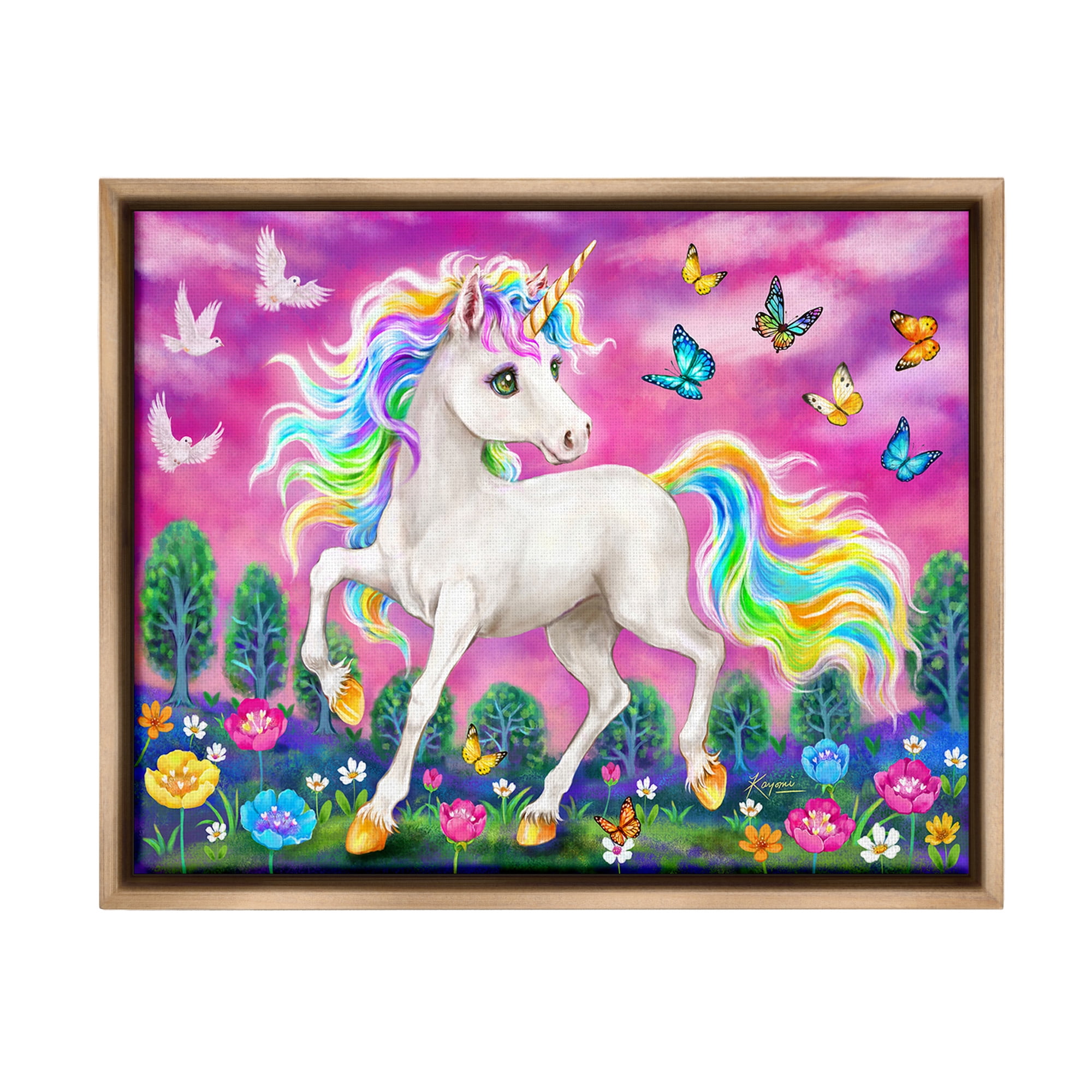 Stupell Industries Unicorn in Meadow Fairy Tales & Fantasy Painting Brown Floater Framed Canvas Art Print Wall Art, 21 x 17
