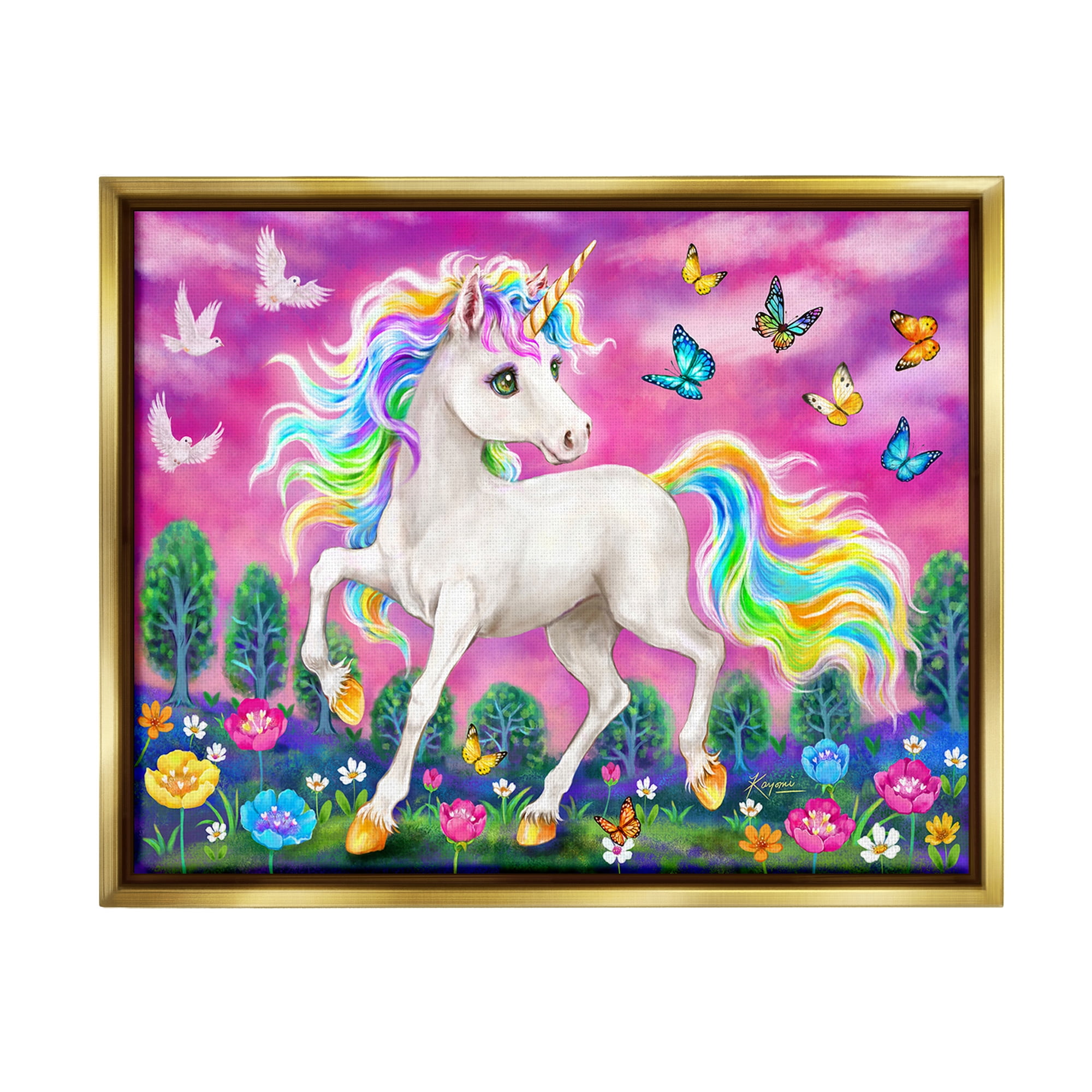 Stupell Industries Unicorn in Meadow Fairy Tales & Fantasy Painting Gold Floater Framed Canvas Art Print Wall Art, 31 x 25